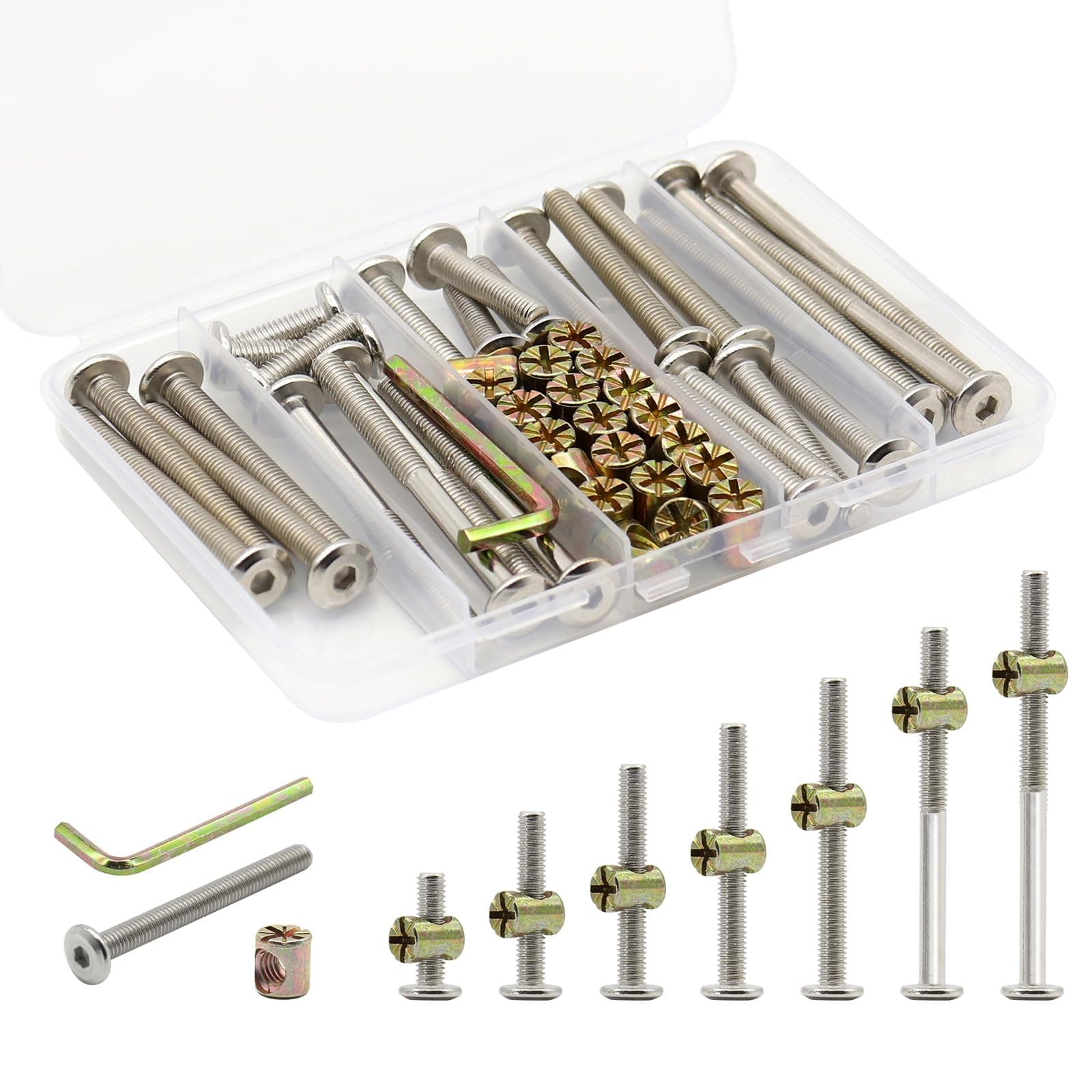 Crib Screws Hardware Replacement Kit,Hincell 28 Set Baby Bed Frame Bolts &Barrel Nuts Set,M6x20mm/30mm/40mm/50mm/60mm/70mm/80mm Hex Drive Socket Cap Screws Barrel Nuts Assortment Kit