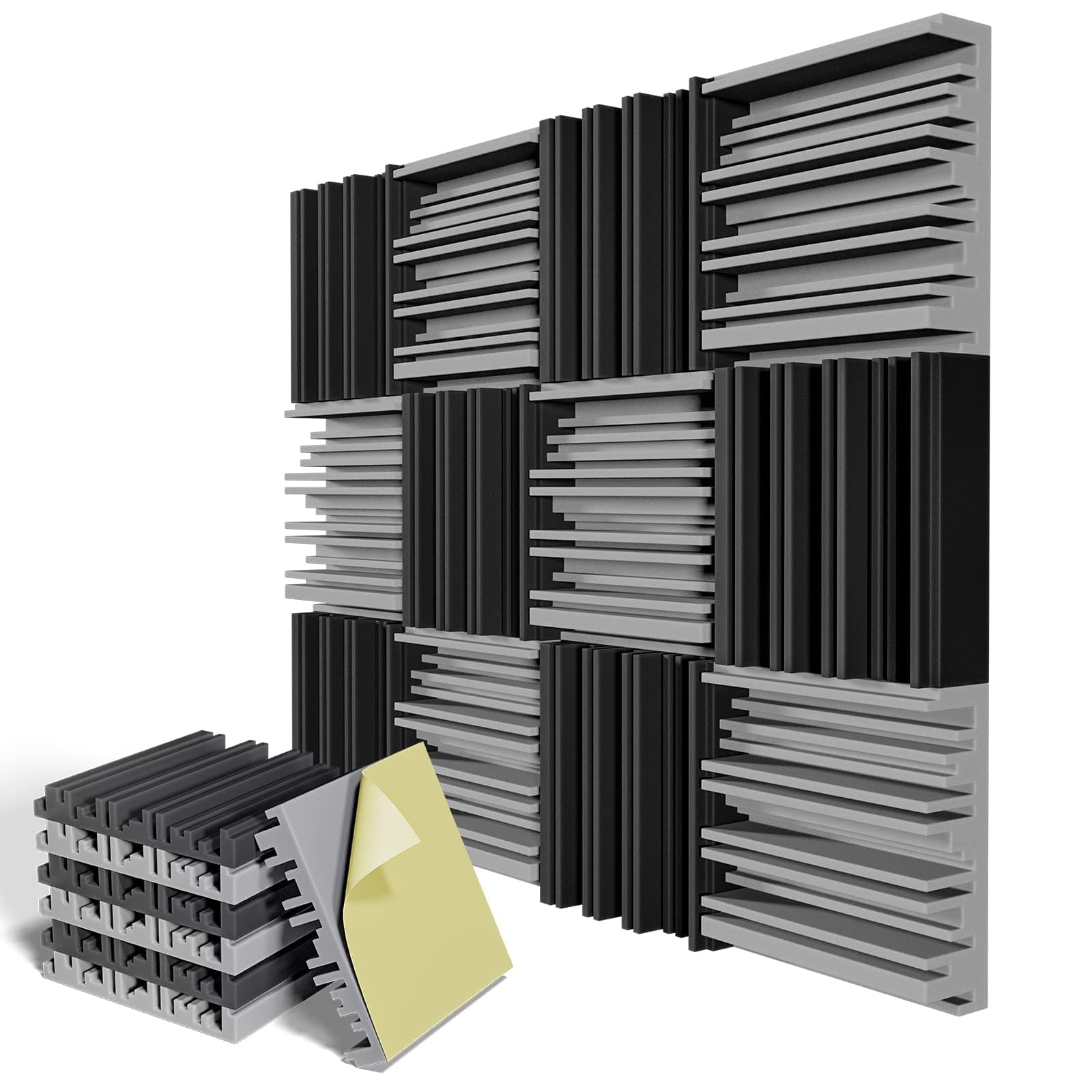 12 Pack Self-Adhesive Sound Proof Foam Panels,12 X 12 X 2 inches Acoustic Foam,High Resilience Sound Proofing Padding for Wall,Sound Absorbing Panels Suitable for Home Studios, Offices - Black & Gray
