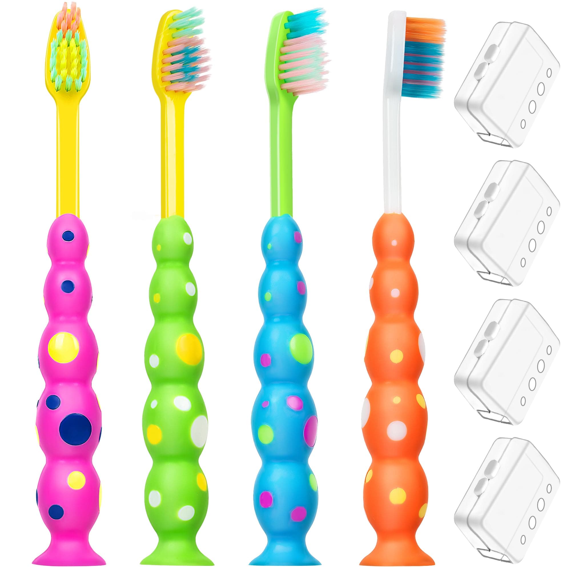 B Rush Toddle/Kids Toothbrushes, Soft Flossing Bristles, Child Sized Brush Heads (3+), Suction Cup for Fun & Easy Storage, Girl & Boy Set, Plaque Remover Brushes Individually Wrapped, Travel Pack of 4