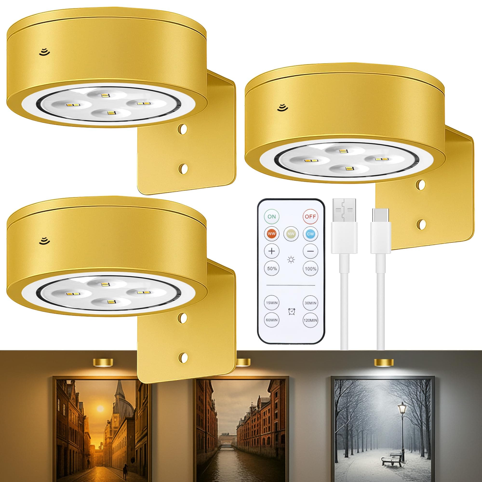 3-Pack Picture Lights for Wall, Rechargeable Battery Operated Led Painting Light with Remote Dimmable & Timer, 3 Lighting Modes Magnetic Art Display Light, Wall Decorative Lighting for Picture,Frame
