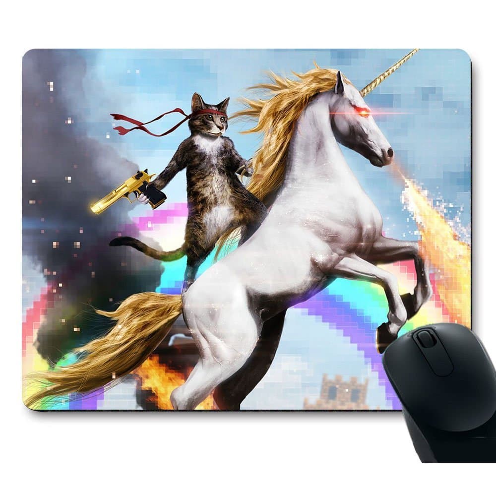 Funy Cute Cat Dressed as Rambo with Gun Riding a Glowing Red Eyes Fire Breathing Unicorn Mouse Pad