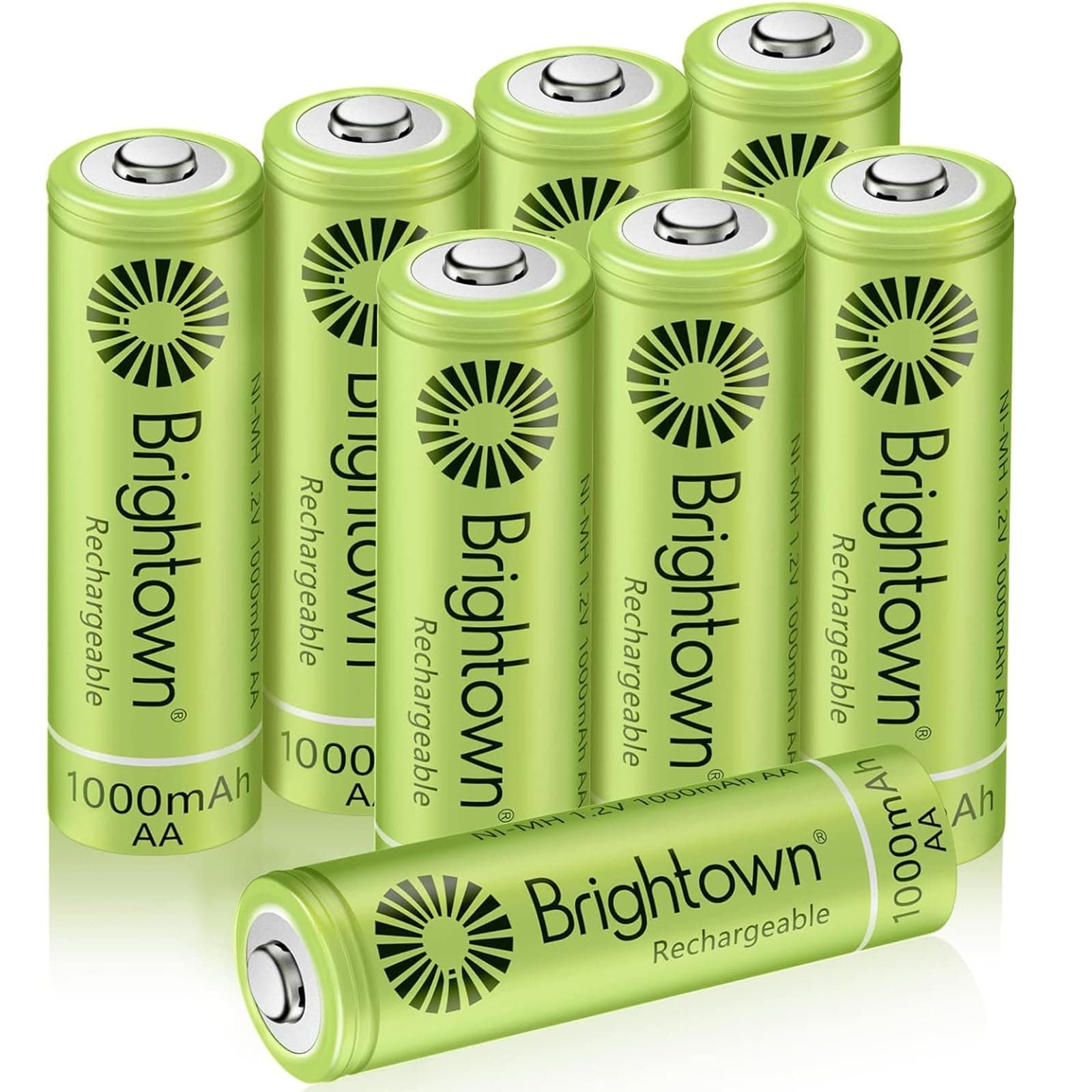 Brightown 8 Pack Rechargeable Battery AA, NiMH Pre Charged Double A Battery for Solar Lights and Household Devices, Recharge up to 1200 CyclesClimatePartner certified