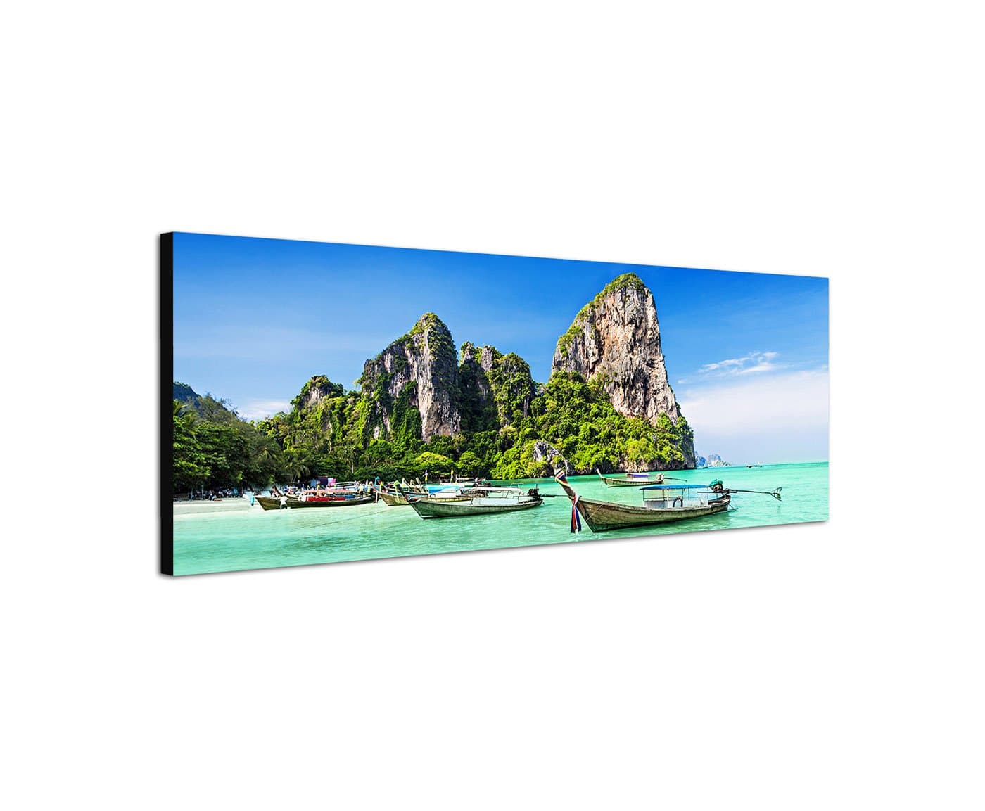 Wall Picture on Canvas as Panorama in 150 x 50 cm Thailand Sea Beach Rock Boats