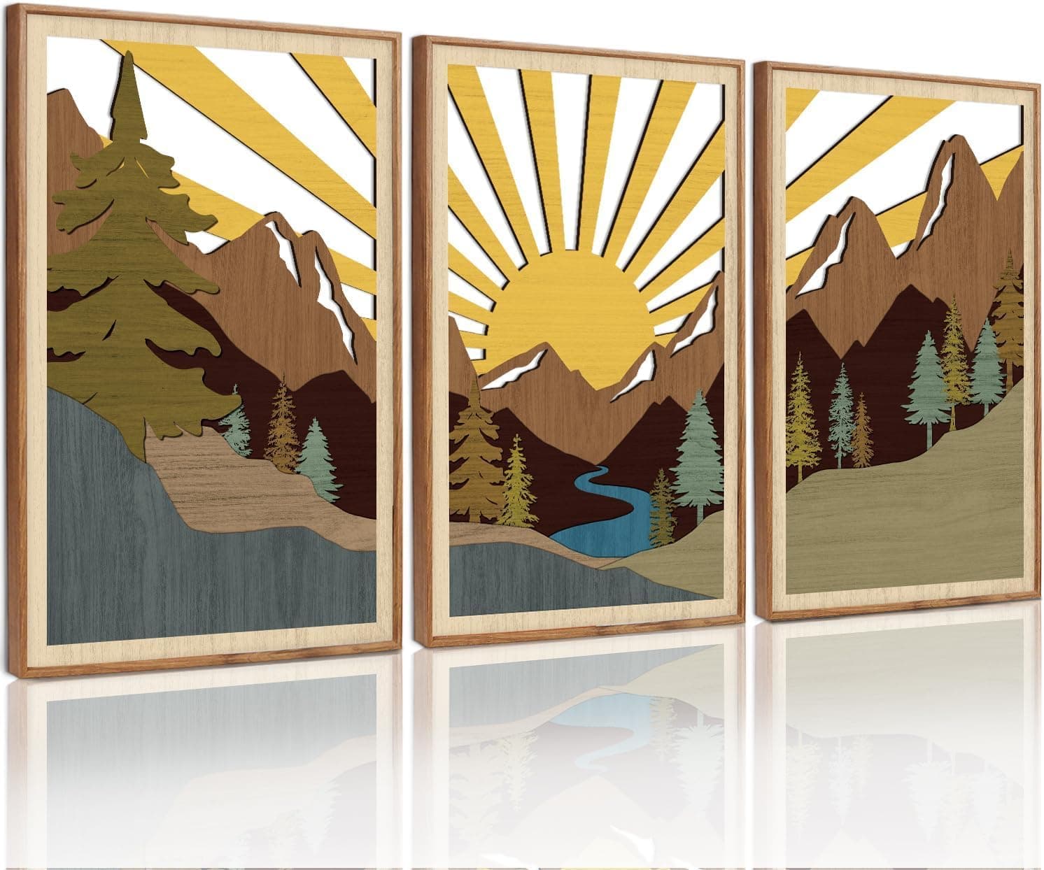 CHDITB 3pcs Large Mountain Forest Framed Poster,Boho Geometric Mountain Landscape Wall Art,Wooden National Park Artwork Decor,Modern Sun Forest Wall Decorations for Bedroom Living Room,16"x 24"