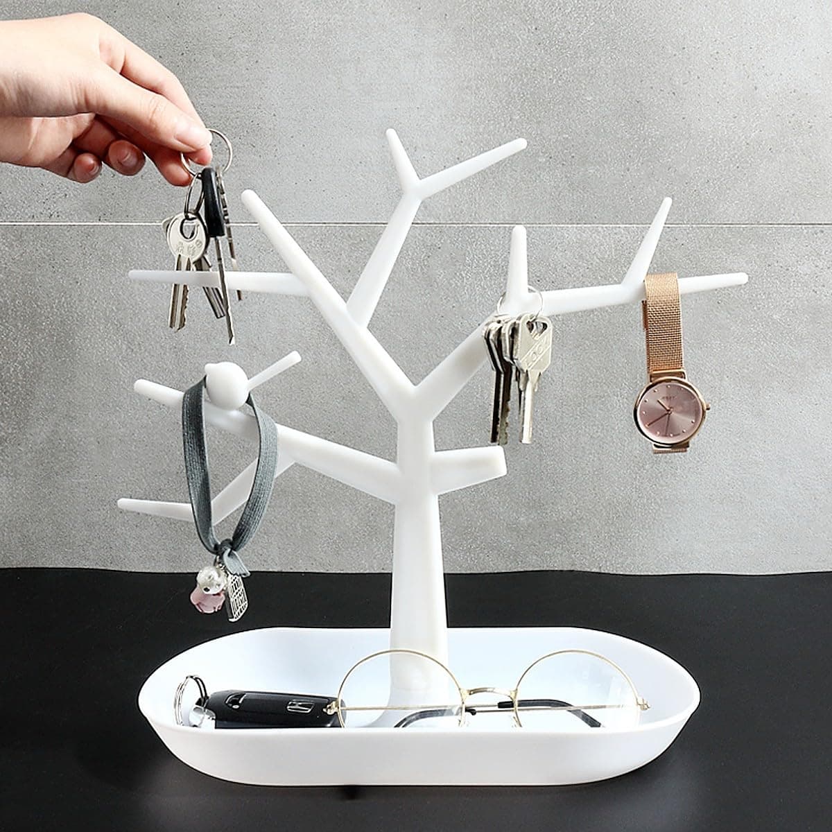 wolpin Plastic Tree Key Holder with Tray White | Decorative Key Hanger for Home Hallway Dressing Table | Multiple Key Hooks with Storage Box | Watch Holder Organiser for Home Décor