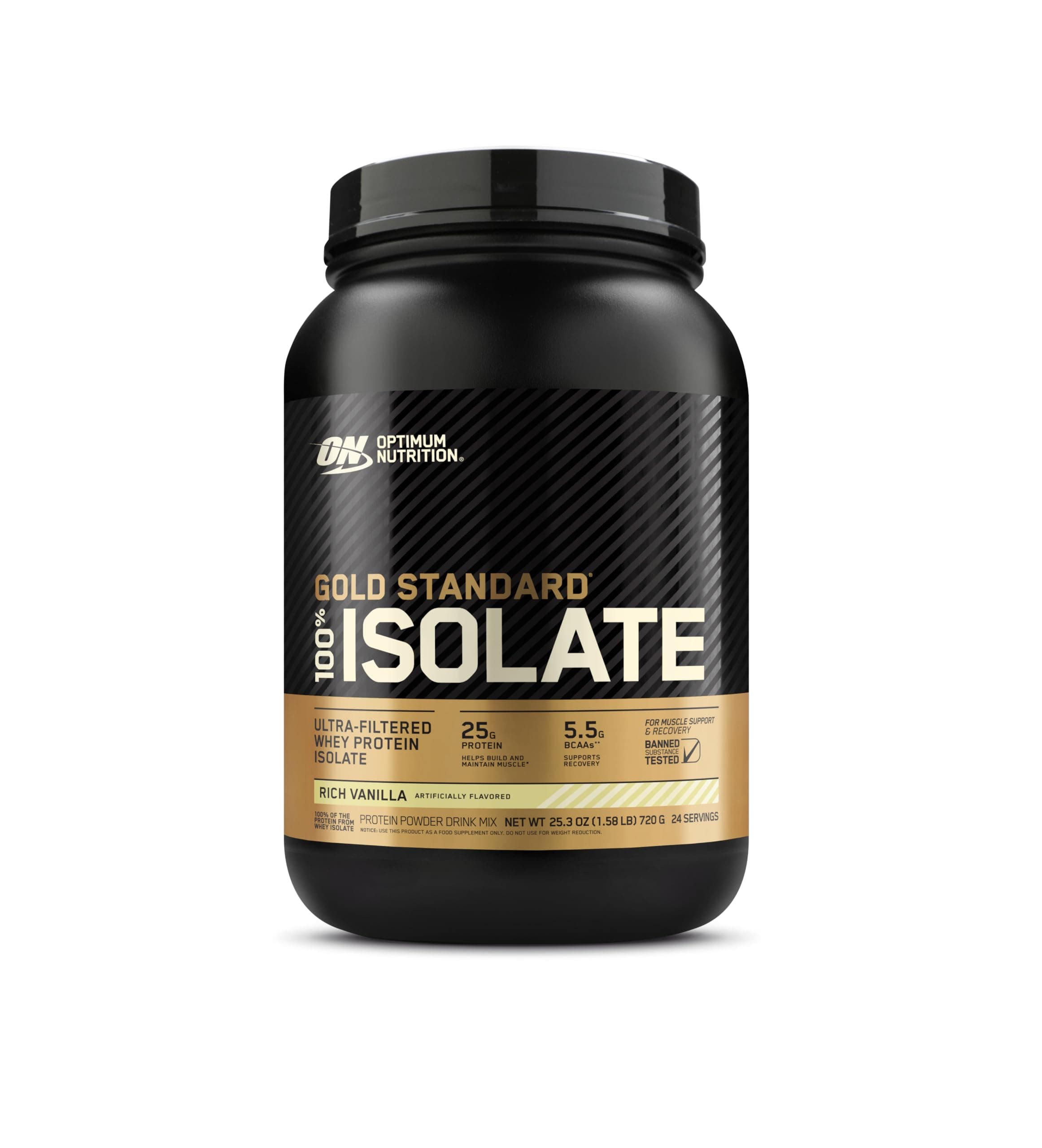 Optimum Nutrition (ON) Gold Standard 100% Isolate, 25 Grams of Protein, Hydrolyzed and Ultra-Filtered Whey Protein Isolate - Rich Vanilla, 1.58 lbs, 24 Servings (720 G)