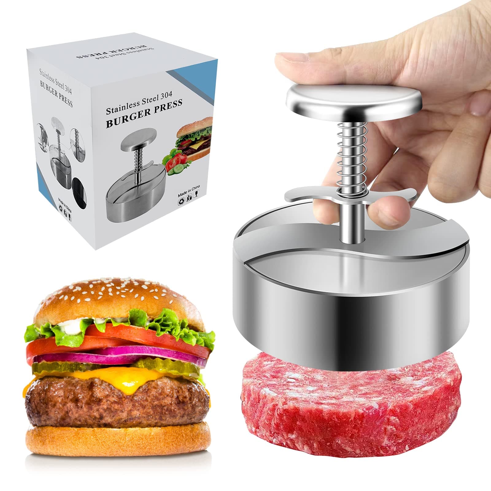 Burger Press, Adjustable Hamburger Meat Press, 304 Stainless Steel Non Stick Patty Press, BPA Free, Suitable for Beef, Burgers and Cooking, Ideal for BBQ and Homemade Hamburge
