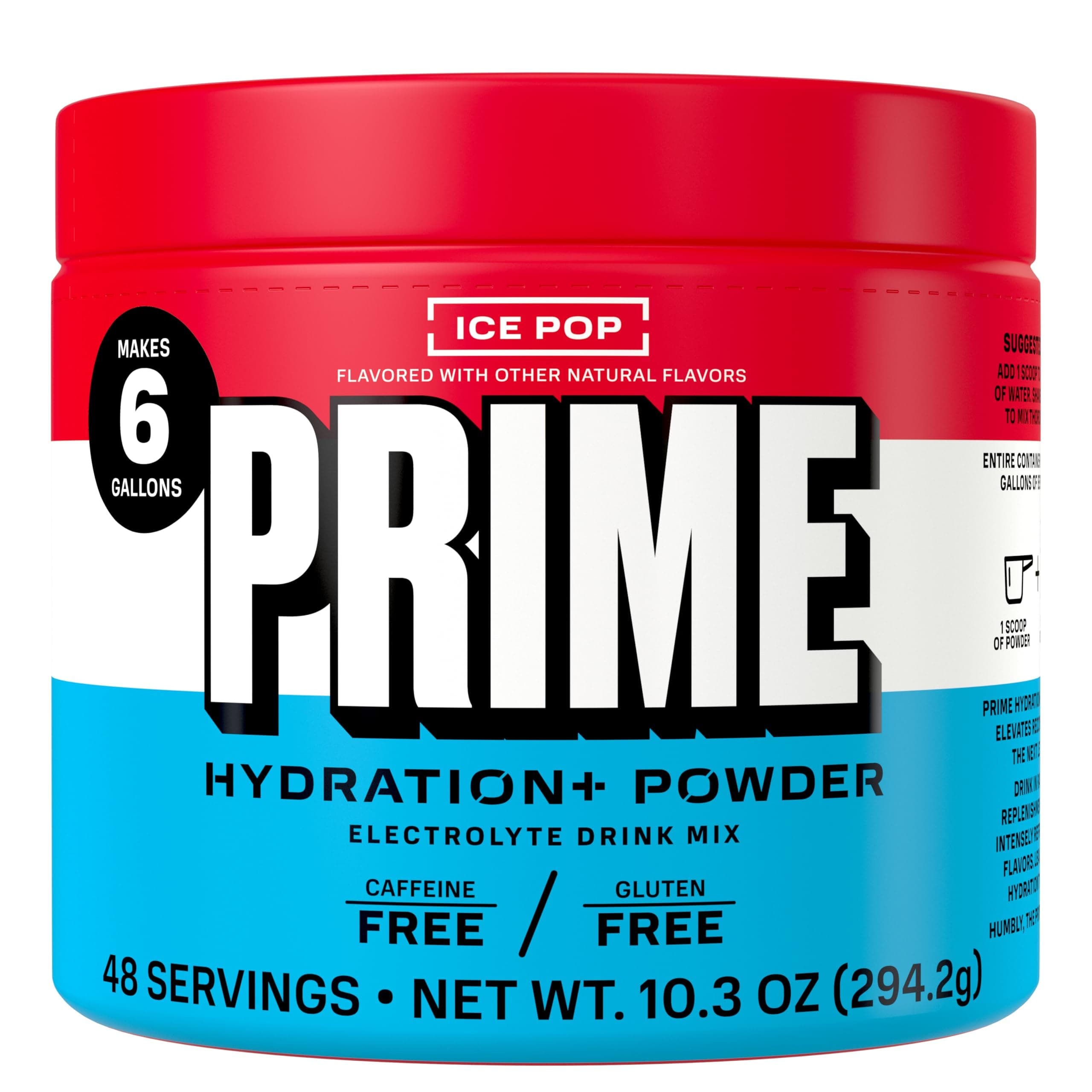 PRIME HYDRATION+ Powder ICE POP | Hydration Powder Single Serve Sticks | Caffeine-Free | Electrolyte Powder On The Go | 250mg BCAAs, B Vitamins, Antioxidants | Low Sugar | Vegan | 5 Gallon Tub