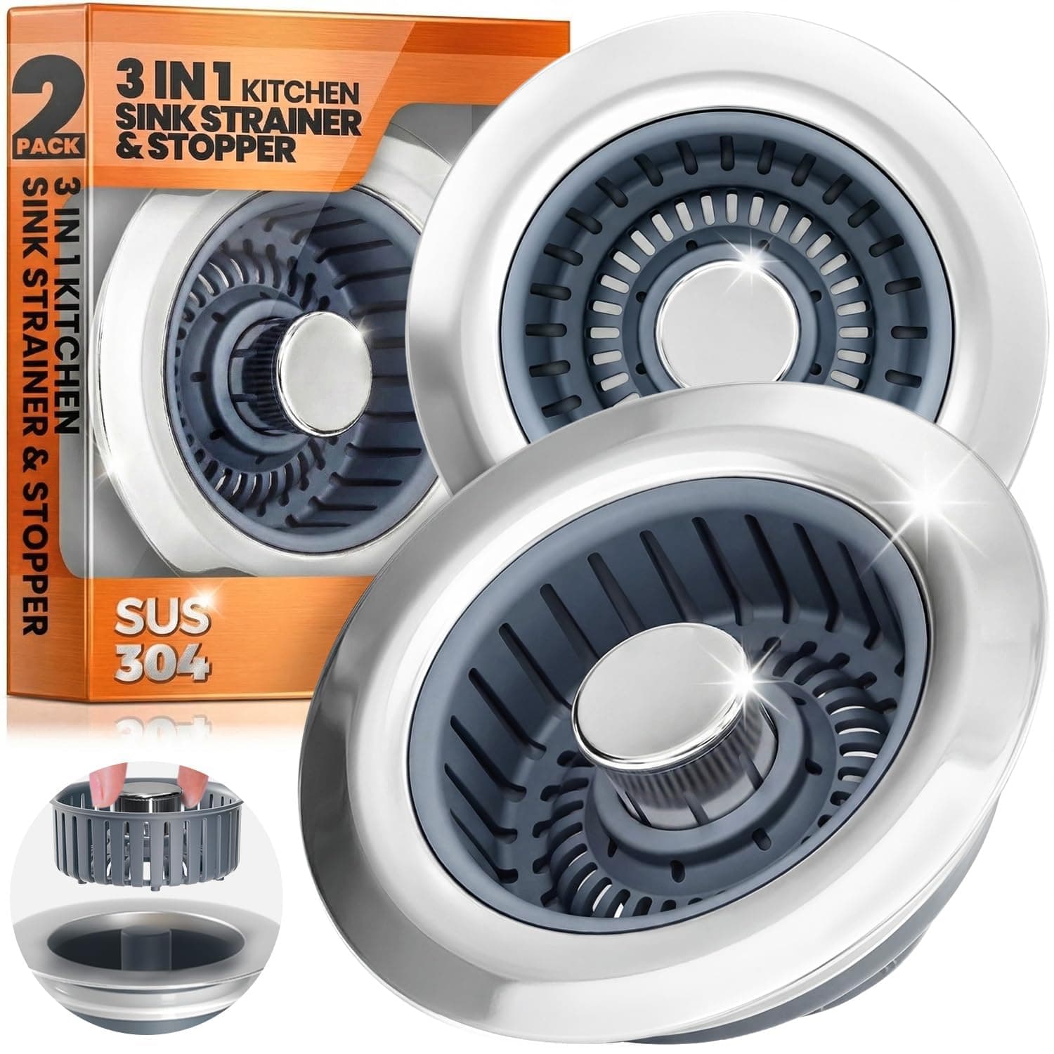 Sink Drain Strainer - Sink Stopper, 3 in 1 Kitchen Stainless Steel Drain Plug with Anti-Clog Basket, Pop-Up Cover Fits Standard 3-1/2” Openings for Double Bowl Kitchen Sinks