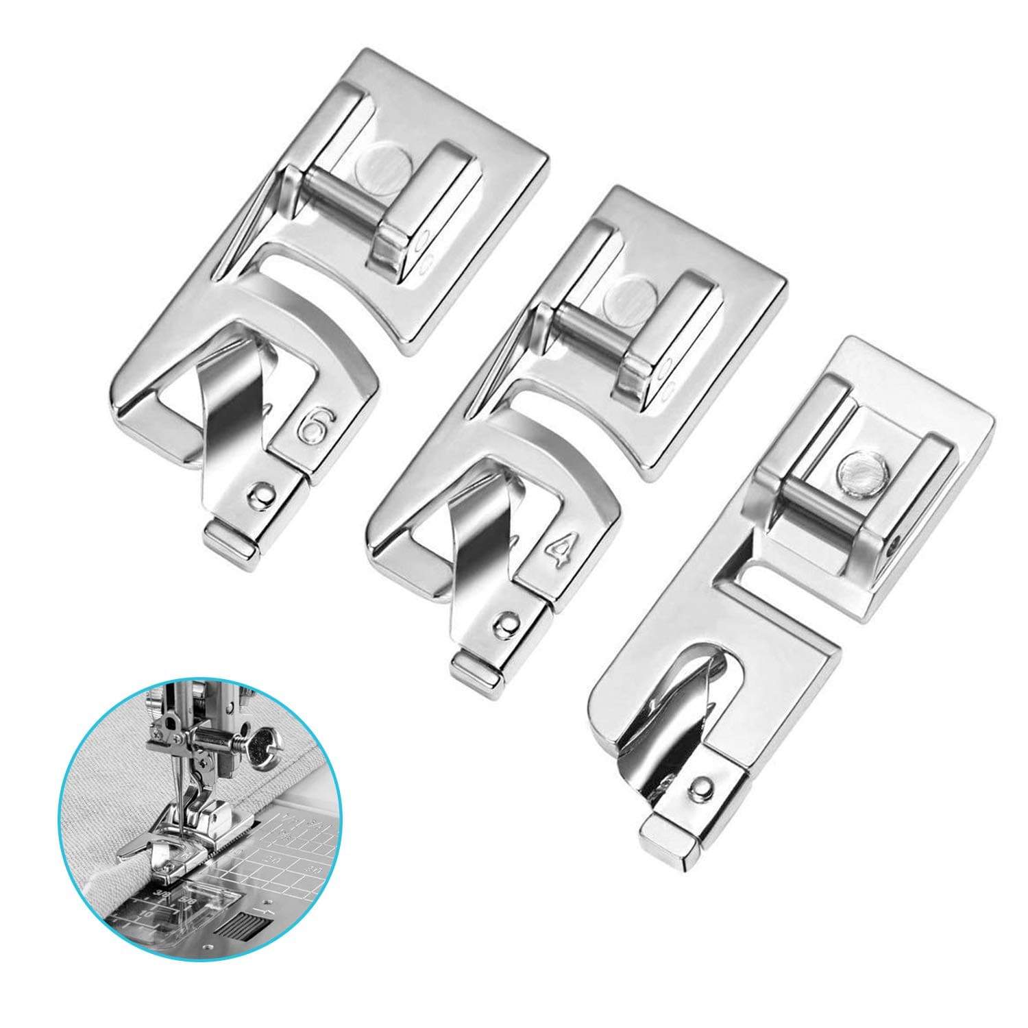 HQMaster Narrow Rolled Hem Presser Foot Sewing Machine Roll Roller Hemmer Press Feet Fits Most Low Shank Snap-On Singer, Brother, Euro-Pro, Janome, Kenmore, White, Juki, Simplicity, Elna (3mm 4mm 6mm)