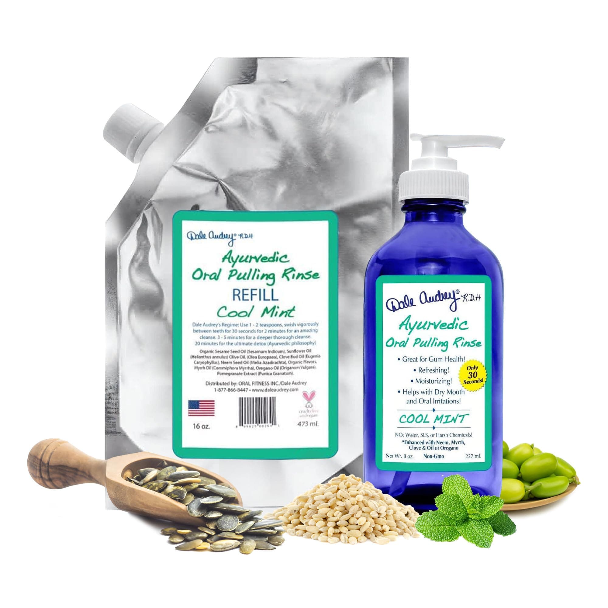 Natural Oil Pulling for Teeth and Gums | Organic Mint Flavored Oral Rinse Mouthwash for Bad Breath | Essential Oil & Teeth Whitening Gum for Freshen Breath | Cobalt Glass Bottle with Refill-16 FL Oz