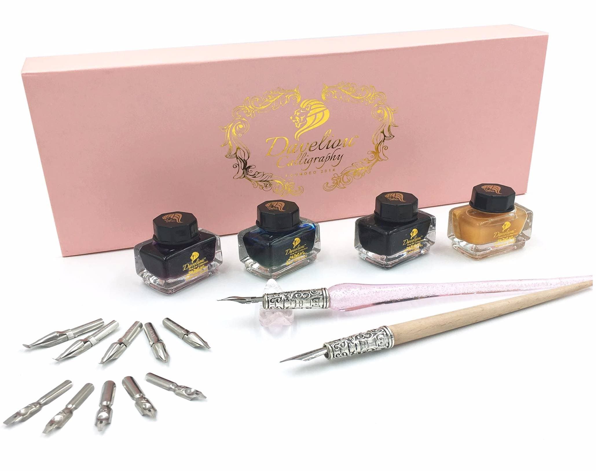 DAVELIOU 19-Piece Deluxe Calligraphy Set for Beginners and Professionals, Creates Clean and Smooth Lines, Calligraphy Kit Includes Pens, Inks, Nibs, and Case (Pink & Silver)