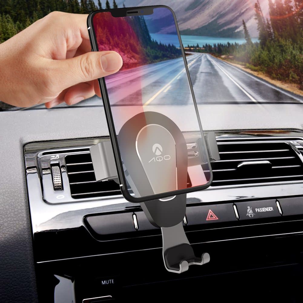Phone Holder for Car AQO Air Vent Gravity Sensing Auto Lock Metal Cell Phone Holder Smart No Touch Design One hand Operate for iPhone X/8/7/6s/Plus/5S/Samsung S8/S7 Note and other 4-6 Inch Smartphones