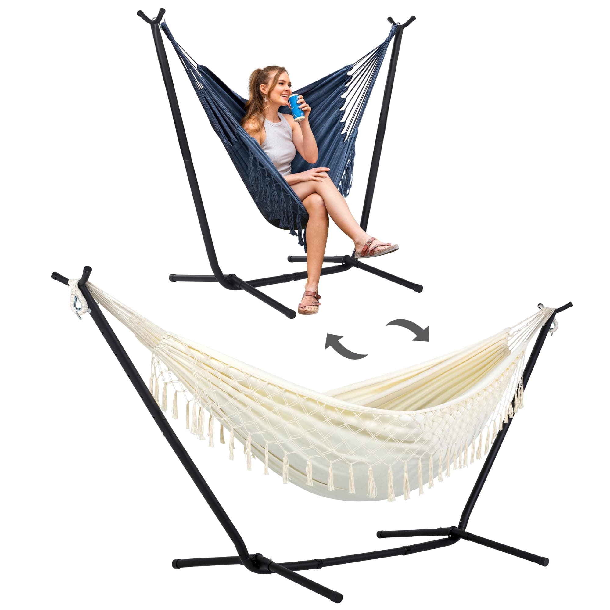 SUNCREAT 2-in-1 Convertible Portable Double Hammock with Stand Included, Outdoor Hammock and Stand, Patented, Natural Tassel