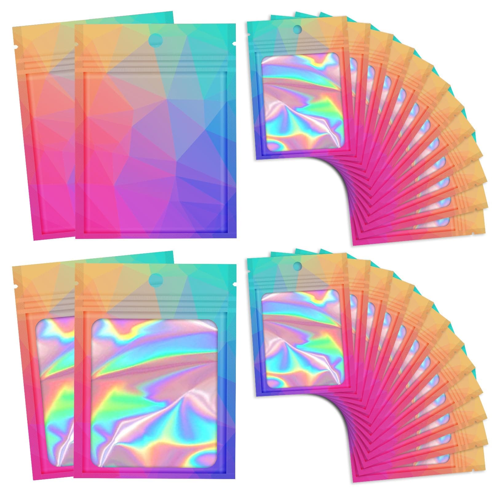 100 Pieces Resealable Bags with Clear Window, Holographic Gradient Packaging Bags Transparent Small Business Pouch Party Mylar Zip Bags Sample Bags (Multicolor, 3.5x4.7 Inch)