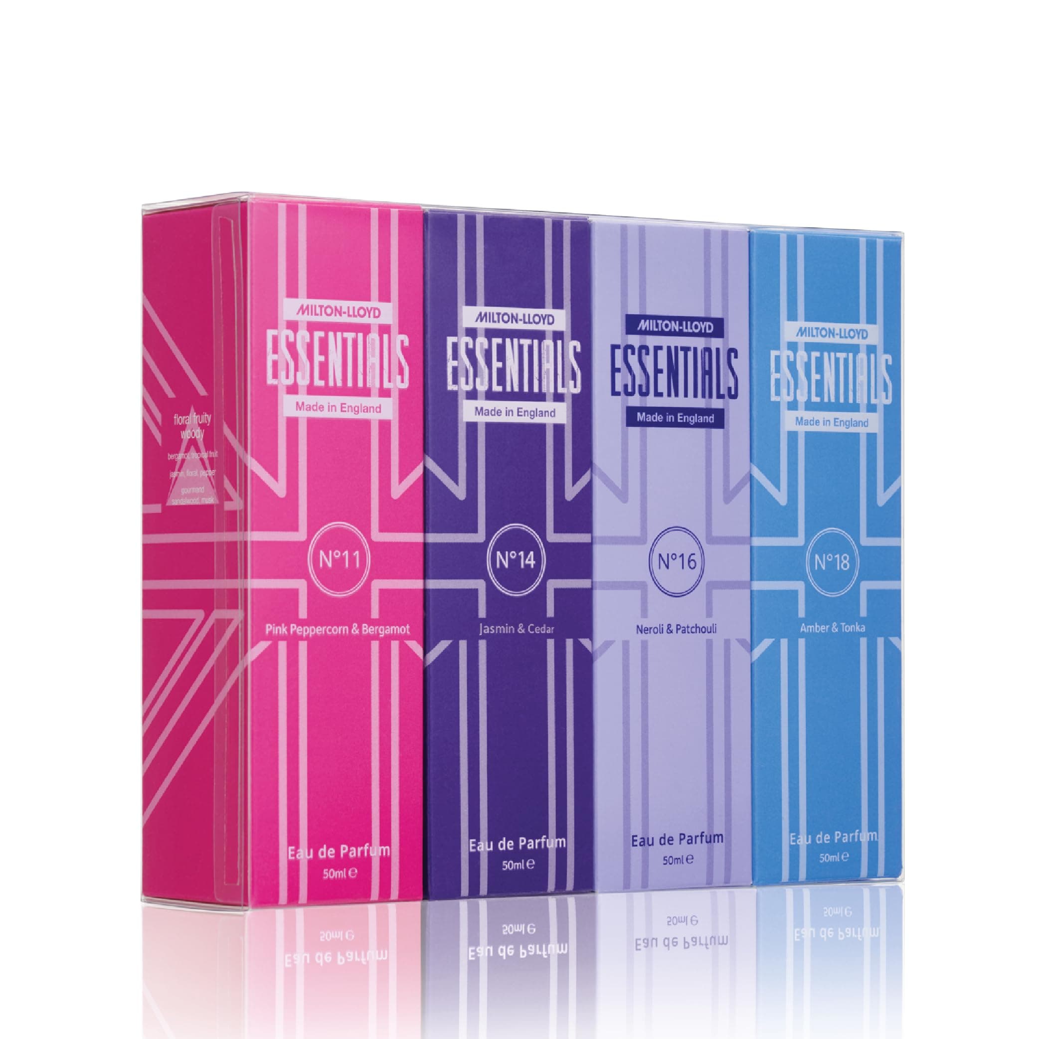 MILTON-LLOYD ESSENTIALS No 11, No 14, No 16, No 18 Ladies Perfume Set, Perfumes for Women. Set of 4 x 50ml Eau de Parfums. Luxury Fragrance, Long Lasting Milton-Lloyd Womens Perfumes