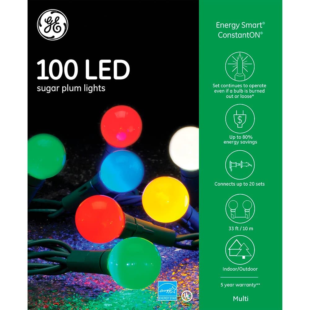 GE Energy Smart 100-Count Indoor/Outdoor Constant Multicolor LED Globe Christmas String Lights ENERGY STAR