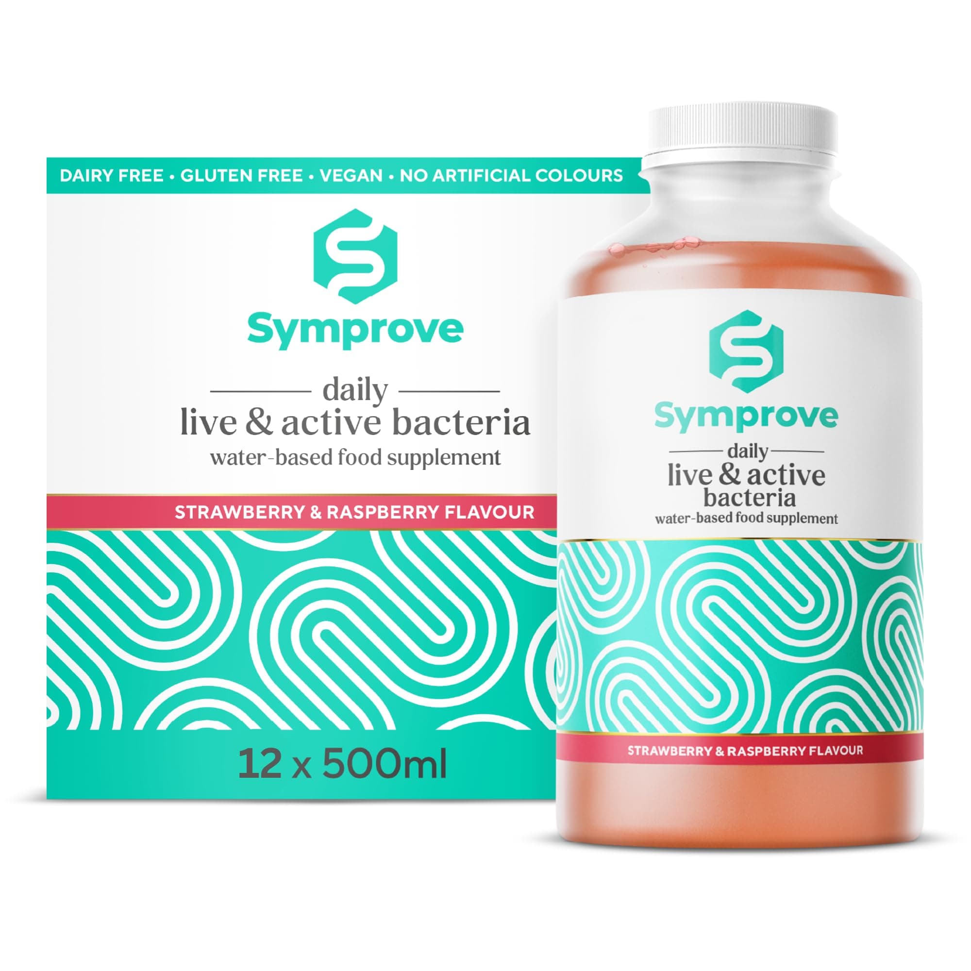 Symprove Liquid Probiotic, Billions of Live & Active Bacteria, Strawberry & Raspberry Flavour, Water-Based, Dairy & Gluten Free, Vegan (12 x 500ml)