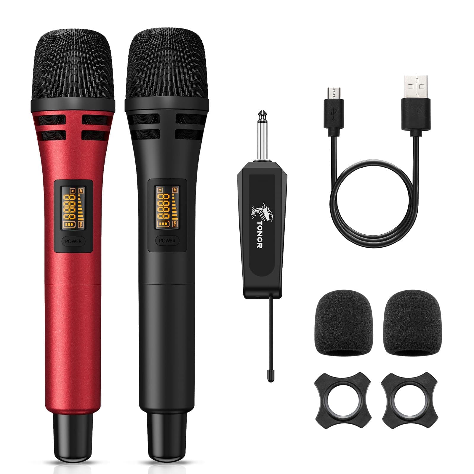 Wireless Microphones, Dual UHF Karaoke Microphone System, Microfonos Inalambricos with Rechargeable Receiver, Cordless Dynamic Mics Set for Singing, Wedding, Party, 200ft TW320, 2 Mics Black&Red