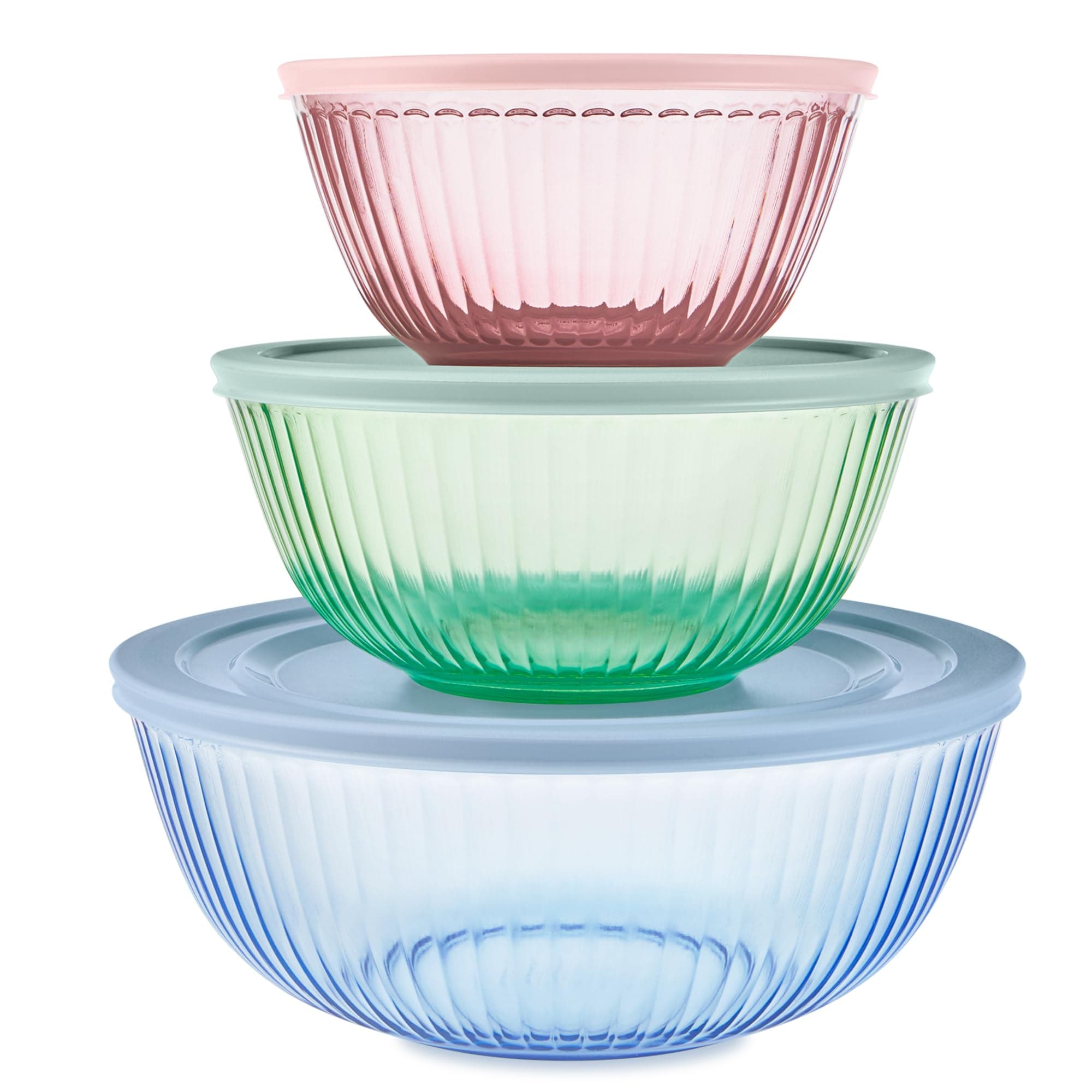 Colors (3-Pack, Full Set) Sculpted Tinted Glass Mixing Bowls With Lids, Nesting Space Saving Set of Bowls For Prepping and Baking, 1.3QT, 2.3QT & 4.5Q, (Pink, Green, Blue)