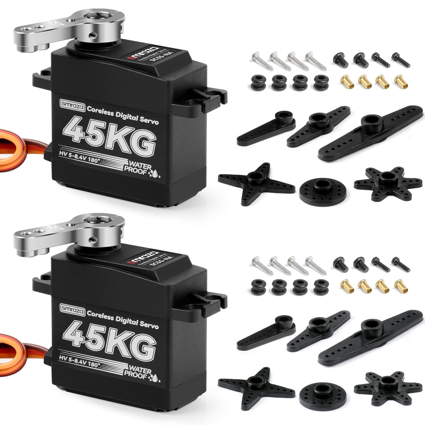 Smraza 45KG Coreless Servo Motor High Torque Steering: 2pcs 8.4V Waterproof Servo Digital Full Metal Gear Servo for RC 1/10 1/8 1/12 Scale Car Truck Crawler/Robot/Boat with 25T Servo Horn(180°×2)
