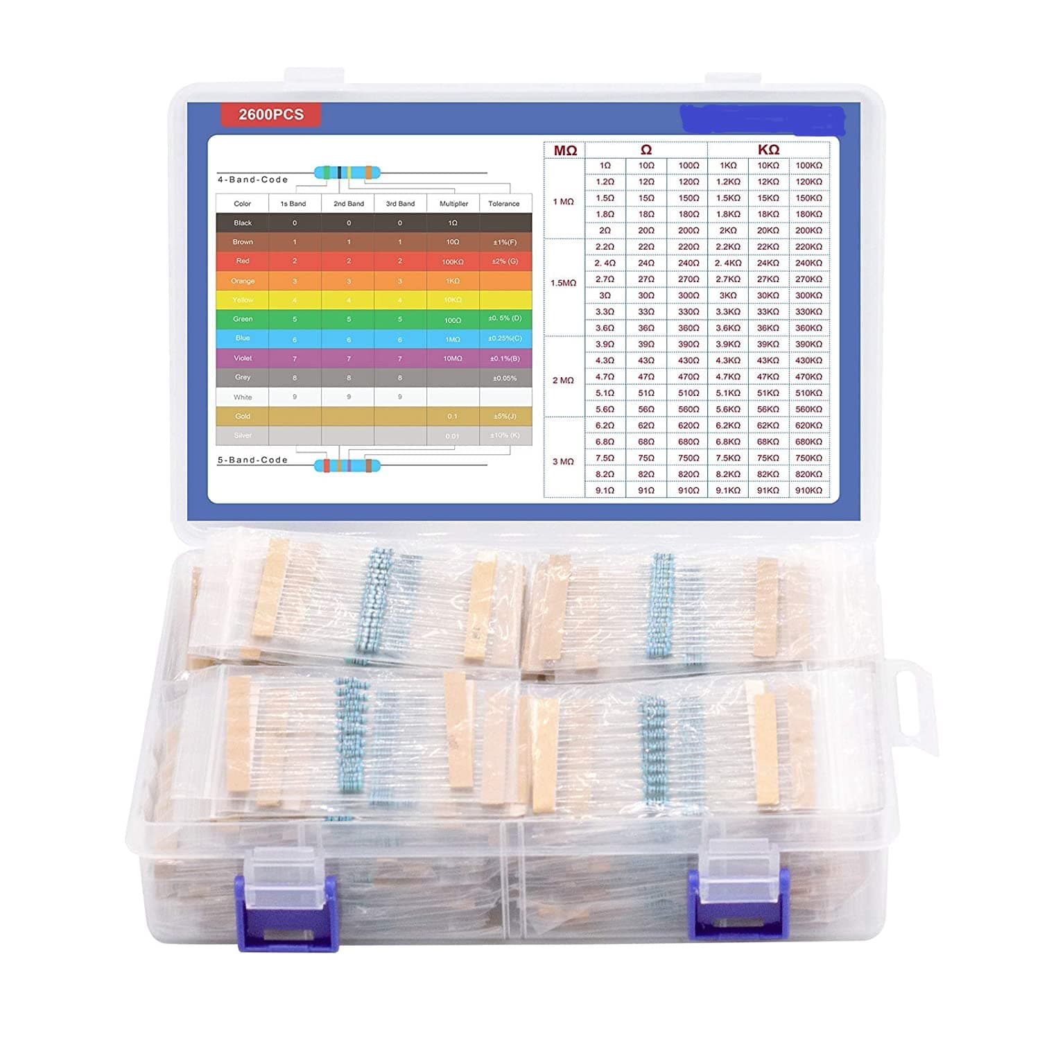 ARCELI2600 Pieces 130 Values Resistor Kit, 1% Assorted Resistors 1 Ohm-3M Ohm 1/4W Metal Film Resistors Assortment with Storage Box for DIY Projects and Experiments