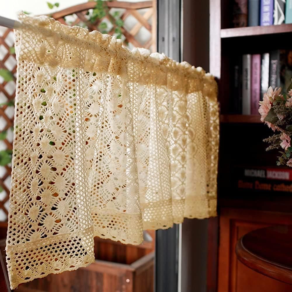 Rustic Boho Curtain Valance for Kitchen Window Farmhouse Handmade Crochet Curtain Tiers for Coffee Decor Room Divider Rod Pocket Hollow Short Lace Curtains for Bathroom Closet 1 Panel W59 X L17 Inch