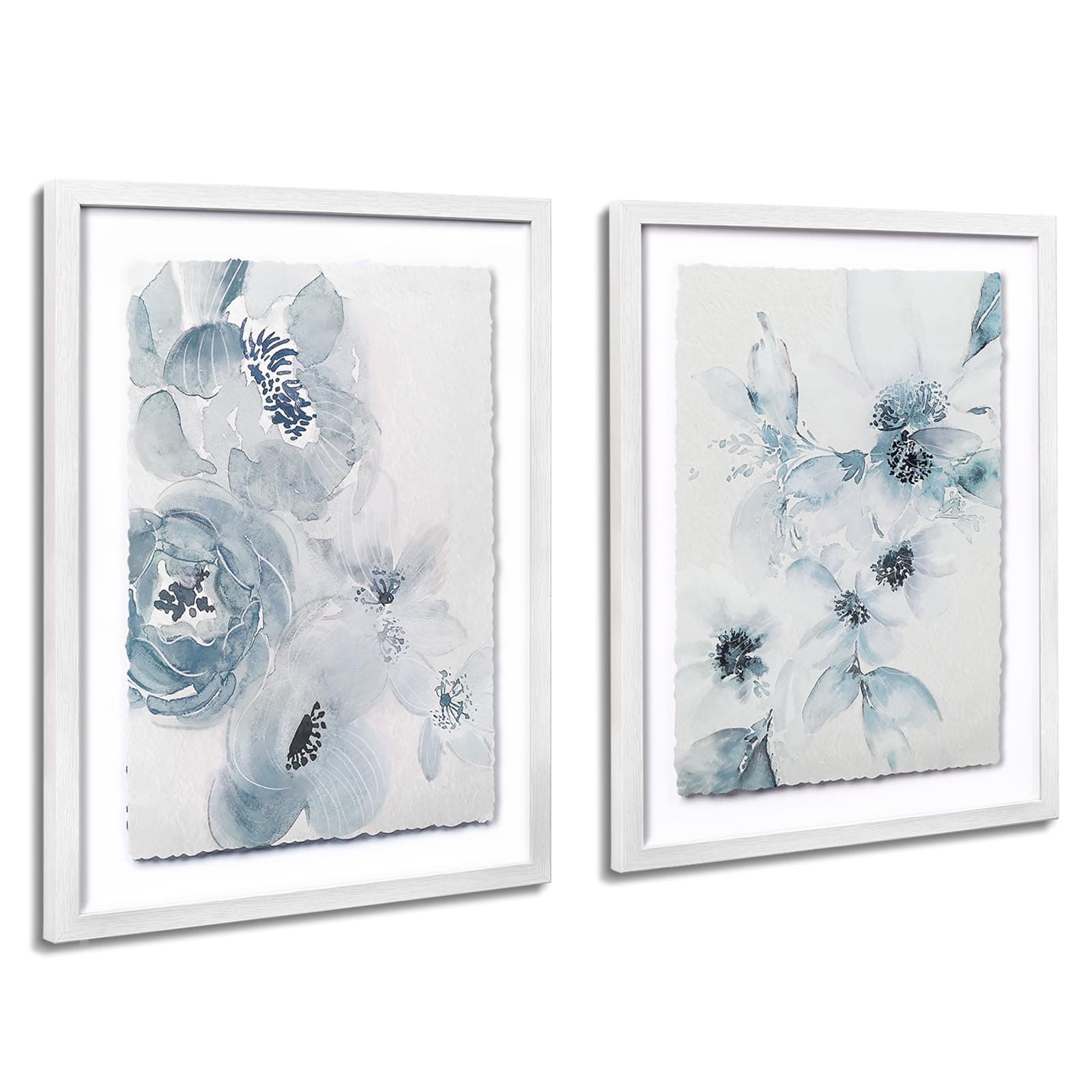 ArtbyHannah Framed Bathroom Wall Art Decor, 12x16 Inch 3D Light Blue Watercolor Florals with Torn Edge Floating Effect, Moisture Proof Prints Pictures Artwork for Bathroom, Bedroom Decor (2 Pack)