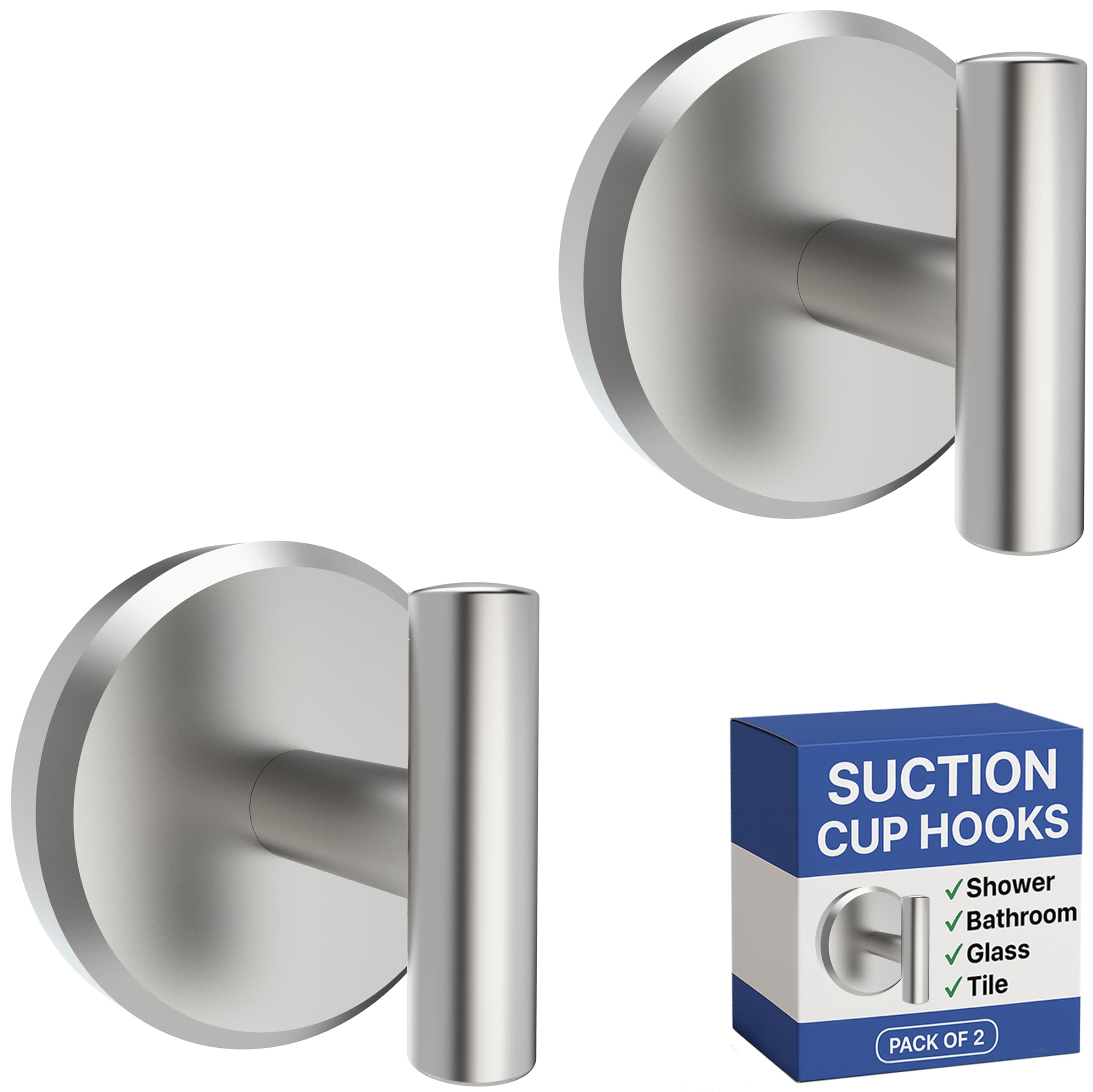 HOME SO Suction Cup Hooks T Shape for Shower, Bathroom, Kitchen, Glass Door, Mirror, Tile – Loofah, Towel, Bath Robe Holder for Hanging up to 15 lbs – Waterproof, Rustproof, Brushed Nickel (2-Pack)