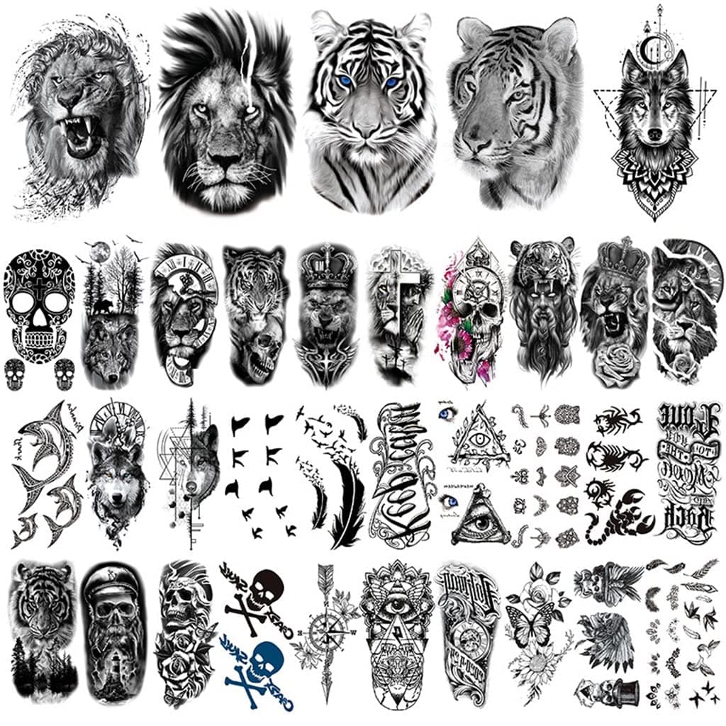 MAYCREATE® 35 Sheets Temporary Tattoo Stickers for Men Women Large Waterproof Body Art Arm Hand Shoulder Back Wolf Lion Tiger Designs
