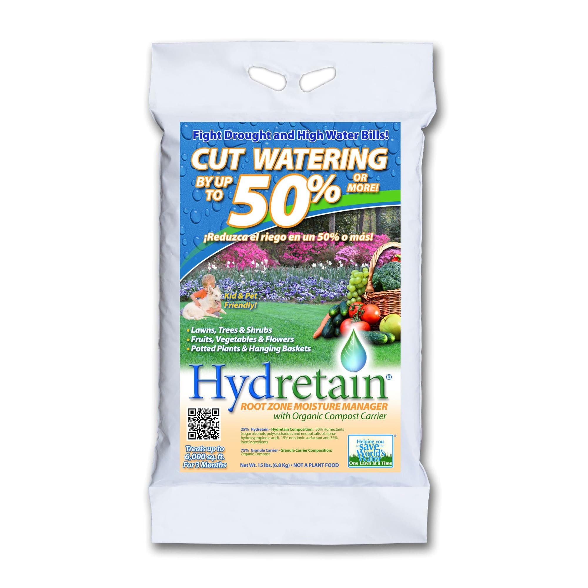 Hydretain Root Zone Moisture Manager - Drought Protection and Moisture Control for Lawns, Gardens, Containers - Reduces Watering, Delays Wilt - Covers up to 6,000 Sq Ft (15 lbs, Granule)