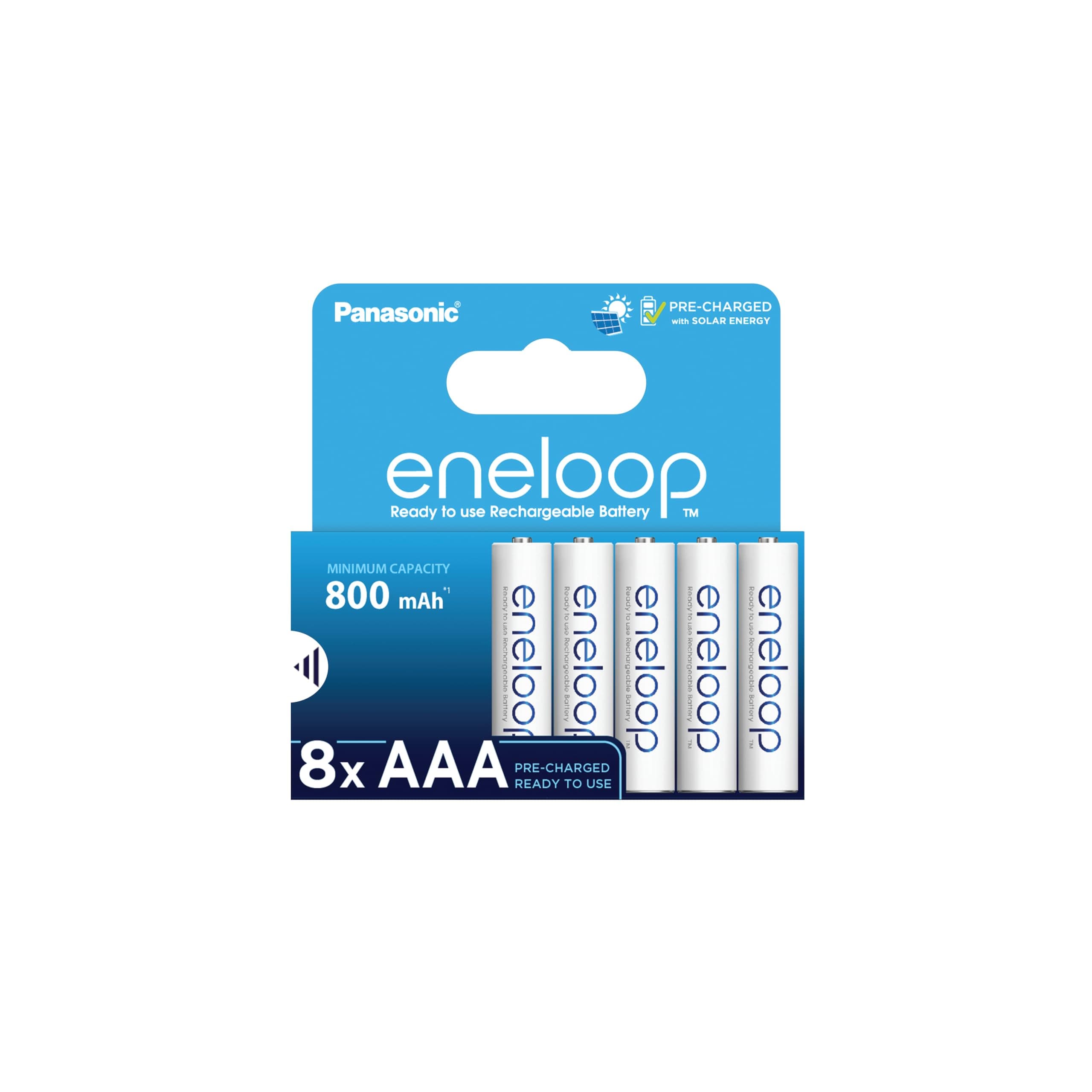 eneloop, AAA/Micro, Rechargeable Battery, Pack of 8, Capacity of 800 mAh, Ready-to-Use Ni-MH Batteries, 2000 Recharge Cycles, Plastic Free Packaging, Standard, White