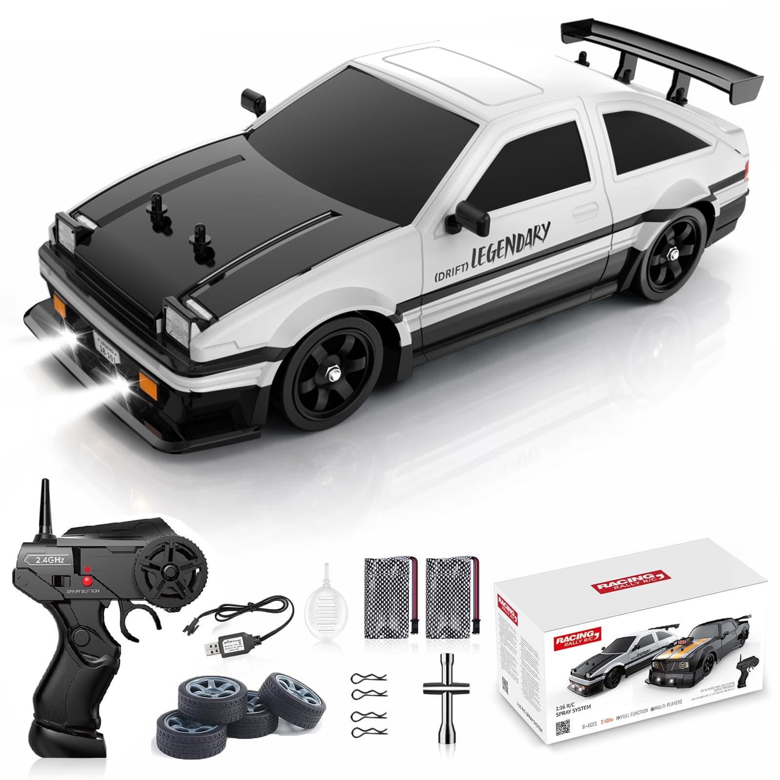 Remote Control Car RC Drift Car 2.4GHz 1:16 Scale 4WD 18KM/H High Speed Model Vehicle with LED Lights Spray Rubber Tire for Adults Kids 2Pcs Rechargeable Batteries,multicolor