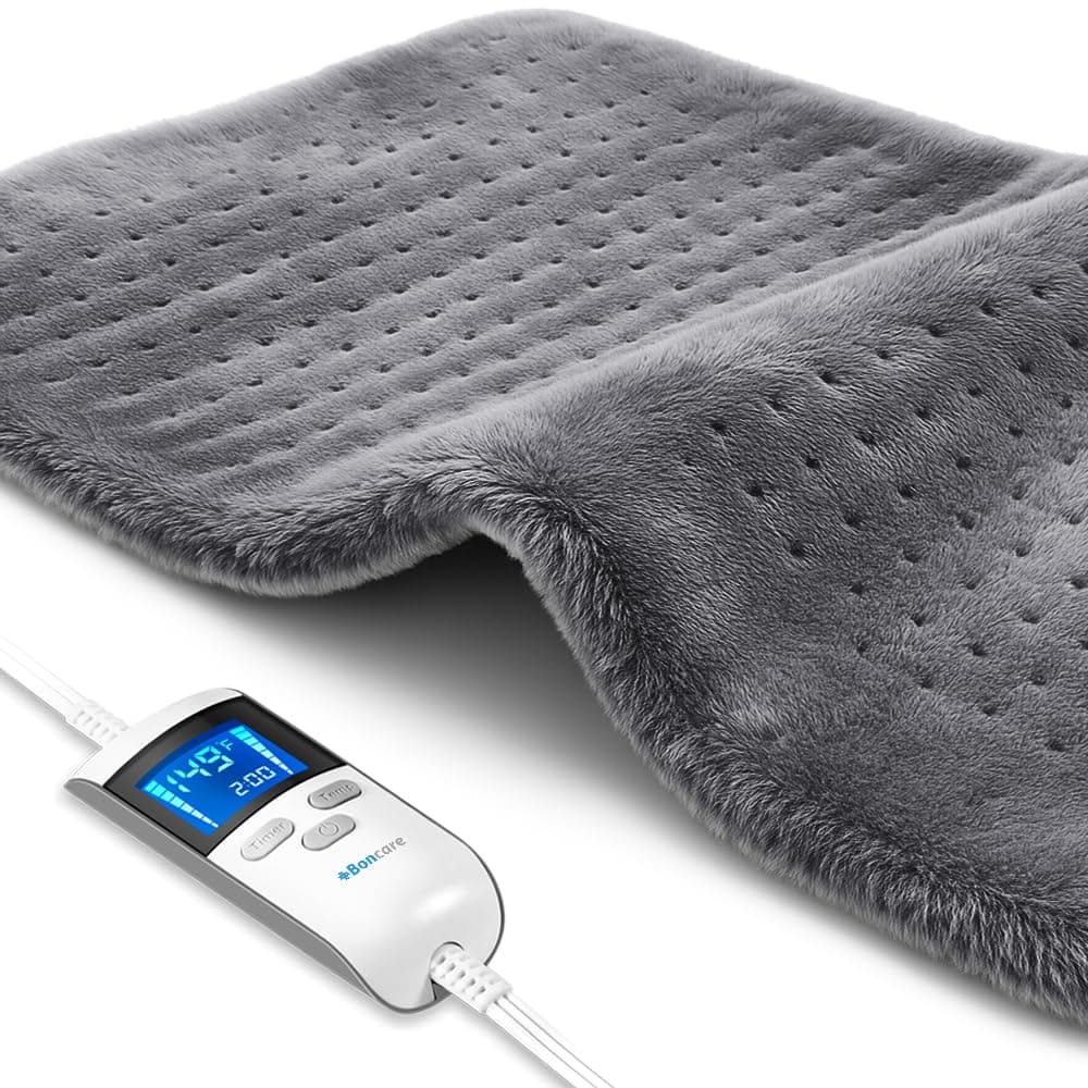 Boncare® LCD Digital Control 12” x 24” Heating Pad for Back Pain Relief and Cramps with Auto Shut Off Large Size 6 Temperature Settings 6 Timers Super Soft Velvet Moist/Dry Hot Heat Pad (Light Gray)