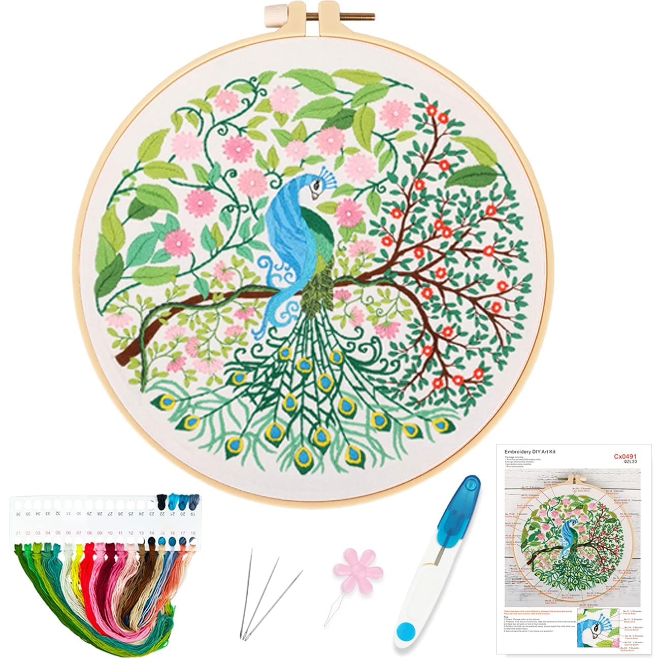 WOFEIS Embroidery Starter Kit with Peacock Pattern and Instructions, Embroidery kit for Beginners, Cross Stitch Set, Full Range of Stamped Embroidery Kits (Peacock)