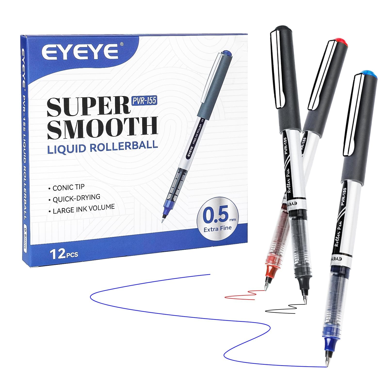 EYEYE 0.5mm Rollerball Pens 12 Pack 3 Colors, Extra Fine Point Roller Ball Pen Quick Dry, Liquid Ink Pens Fine Point Smooth Writing Pen for Journaling, Note Taking, Office, School Supplies