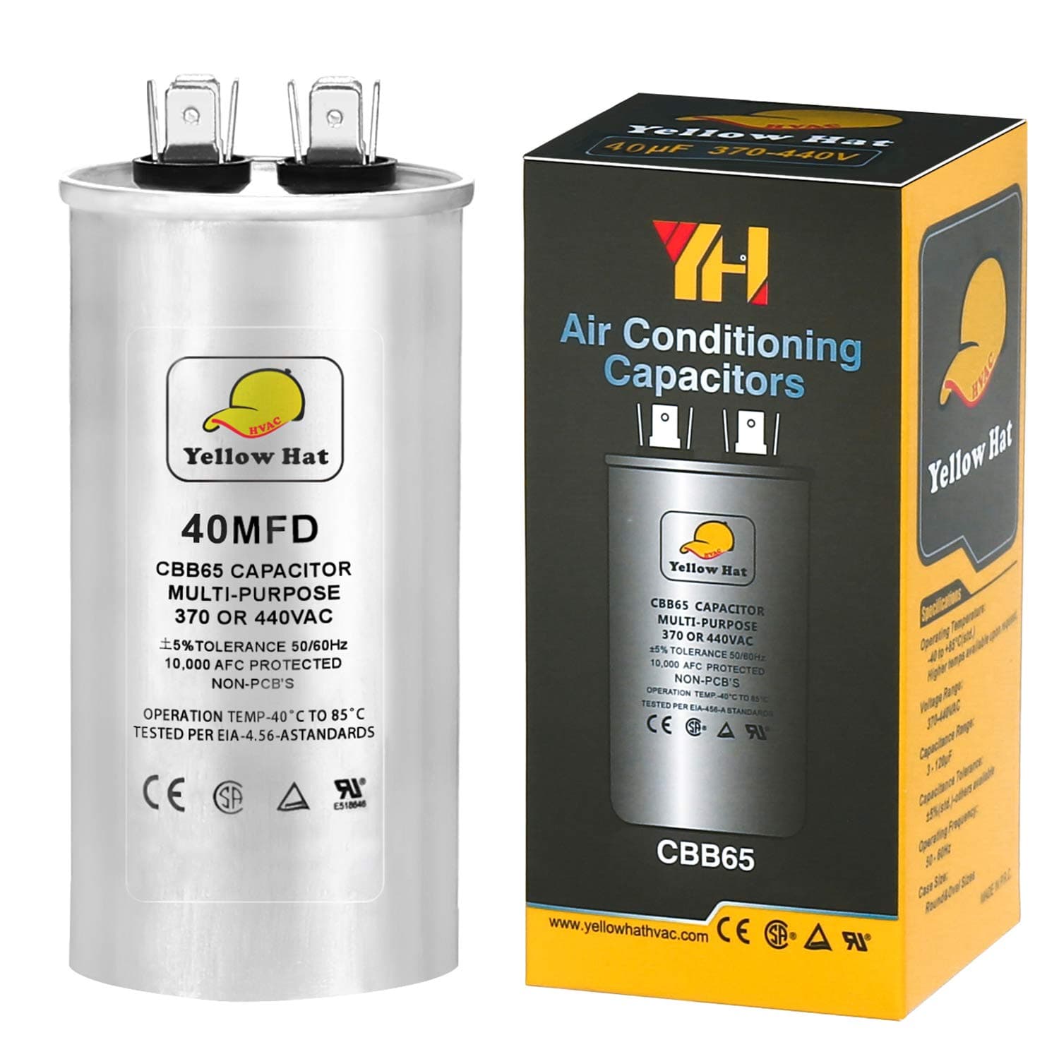 Capacitor for Air Conditioner 40 uf MFD 370 or 440 Volt VAC, Multi-Purpose Round Capacitor for AC Motor Run or Fan Motor Start or Condenser Straight