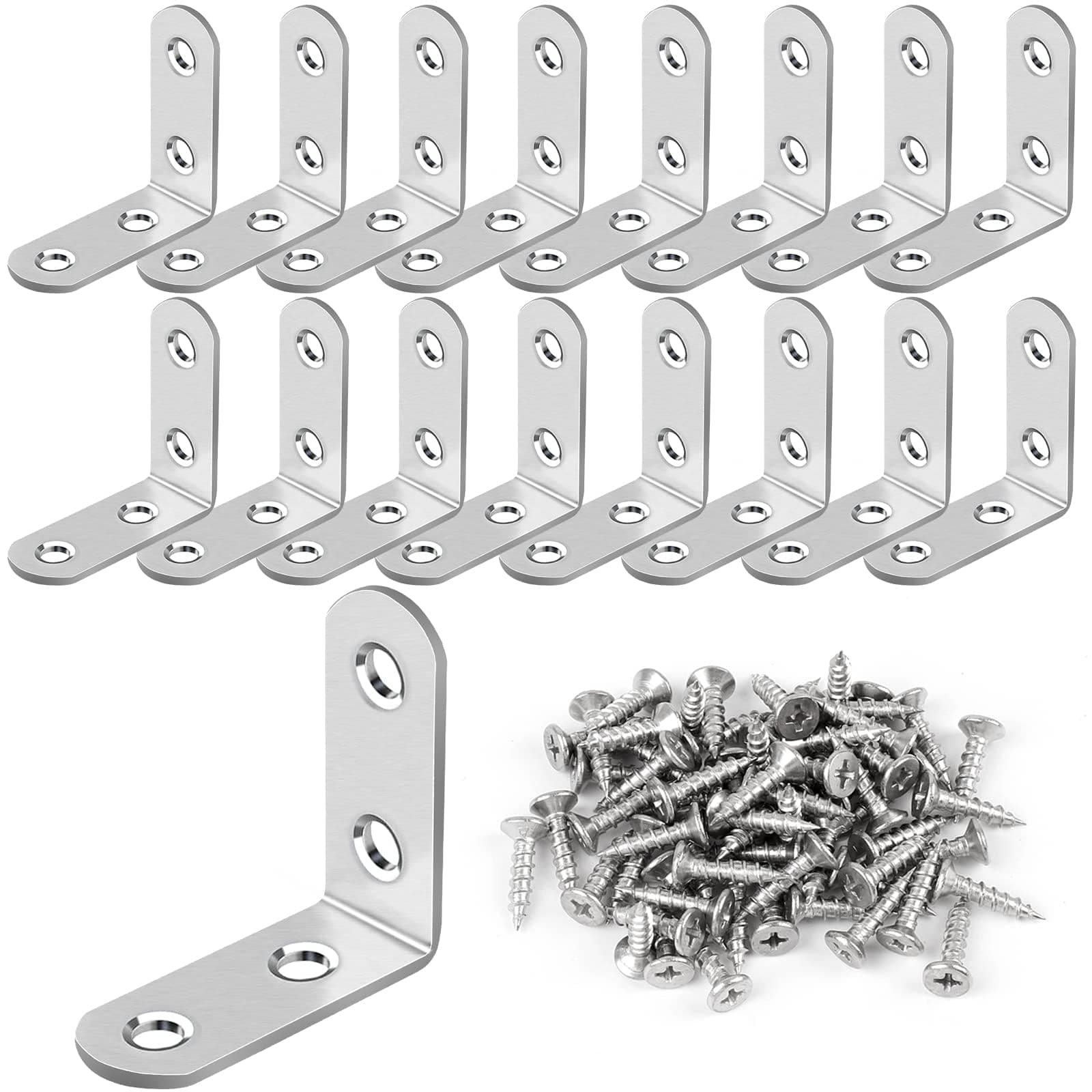 MAKINGTEC 32 Pcs L Bracket Stainless Steel Corner Brace Sets, 90 Degree Right Angle Bracket with 128 Pcs Screws, L Bracket Firmware Can Be Used for Wooden Shelves, Chairs, Tables, Dressers, Furniture