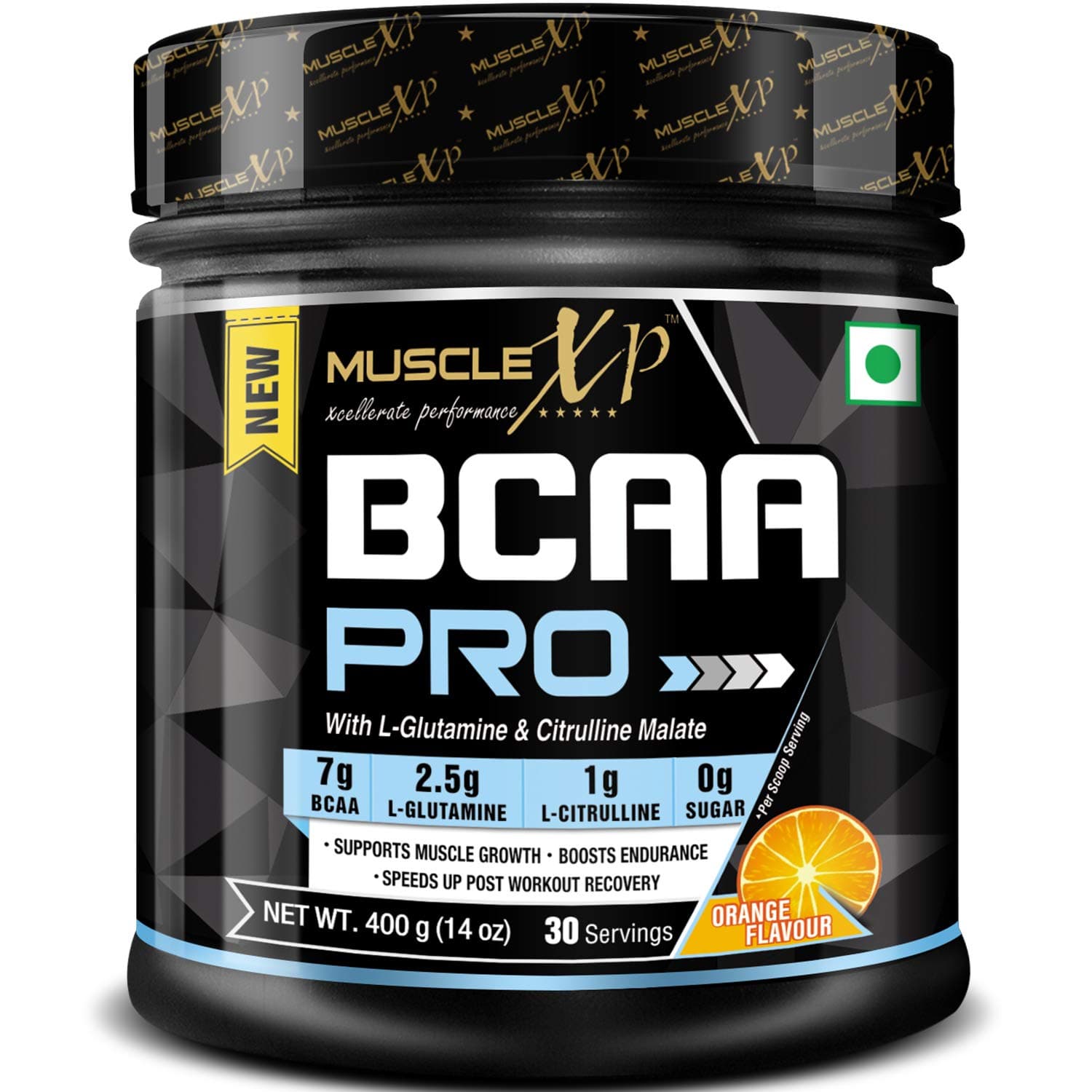 MuscleXP BCAA PRO With L-Glutamine, Citrulline Malate and BCAA 7000, Orange, 400g (14 oz) - 30 Servings