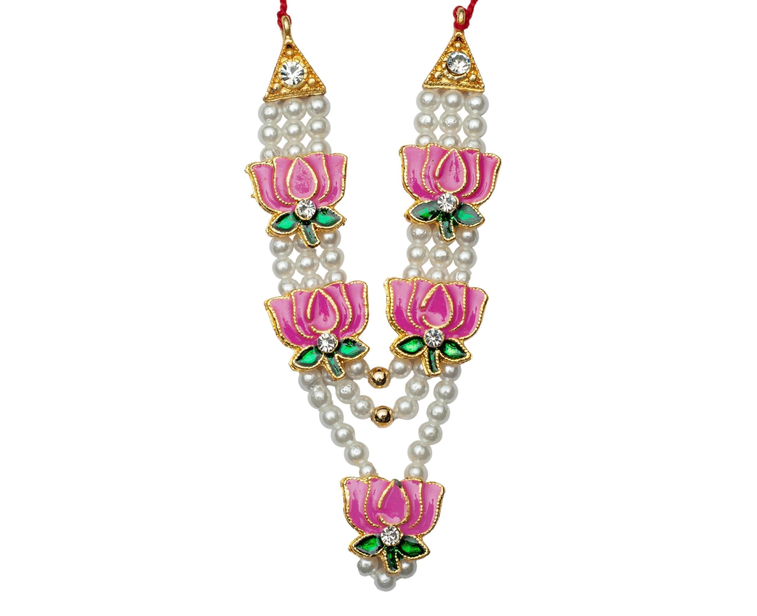 Decorative Moti Mala Lotus Design Set for Laddu Gopal/Devi Maa/Radha Krishna/Indian Traditional Goddess Haar Sringar jewellary Set for All God Statue holi festival decoration(Size:-6")(Pink,White)