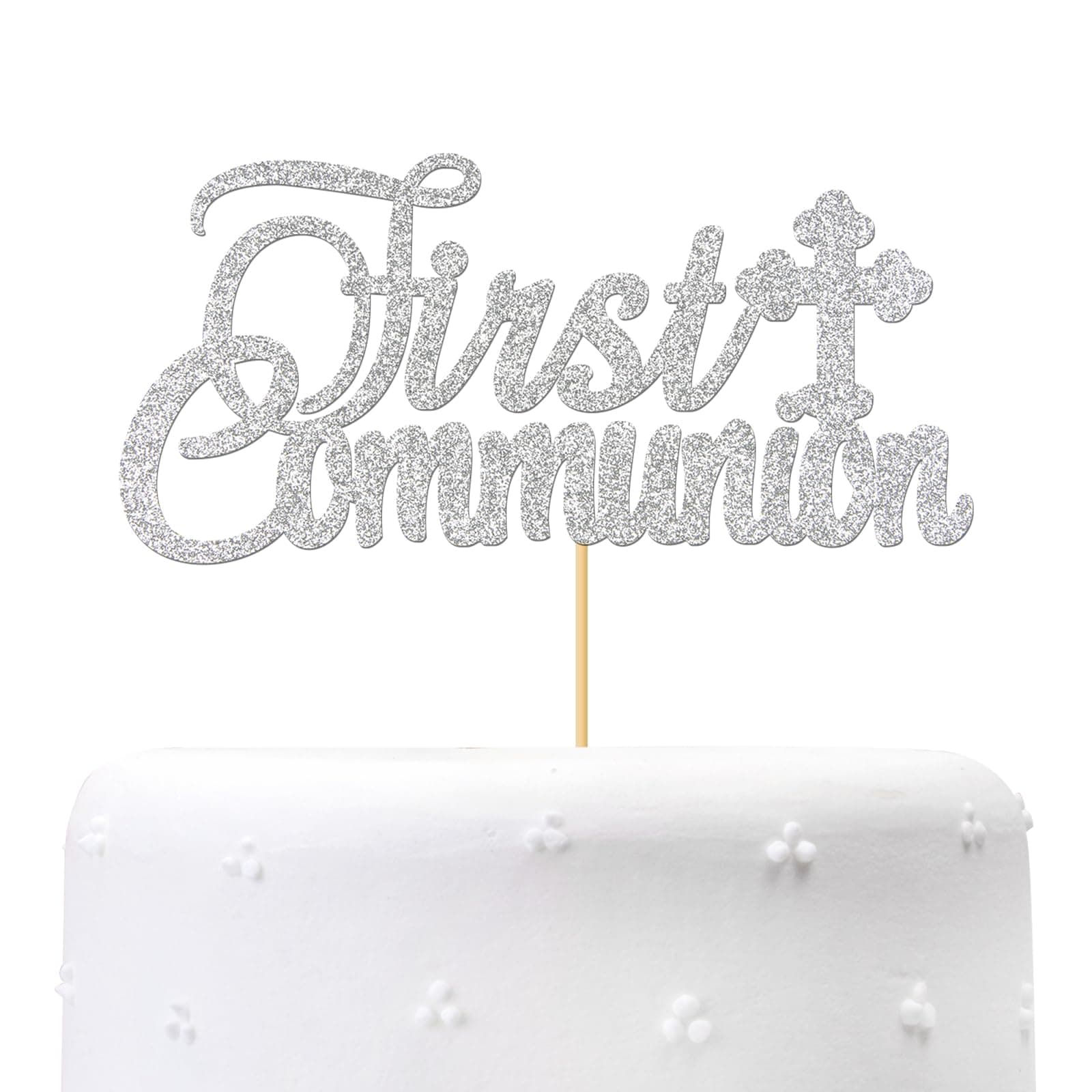 Silver Glitter First Communion Cake Topper - First Communion Cake Decoration for Kids - God Bless Cake Topper