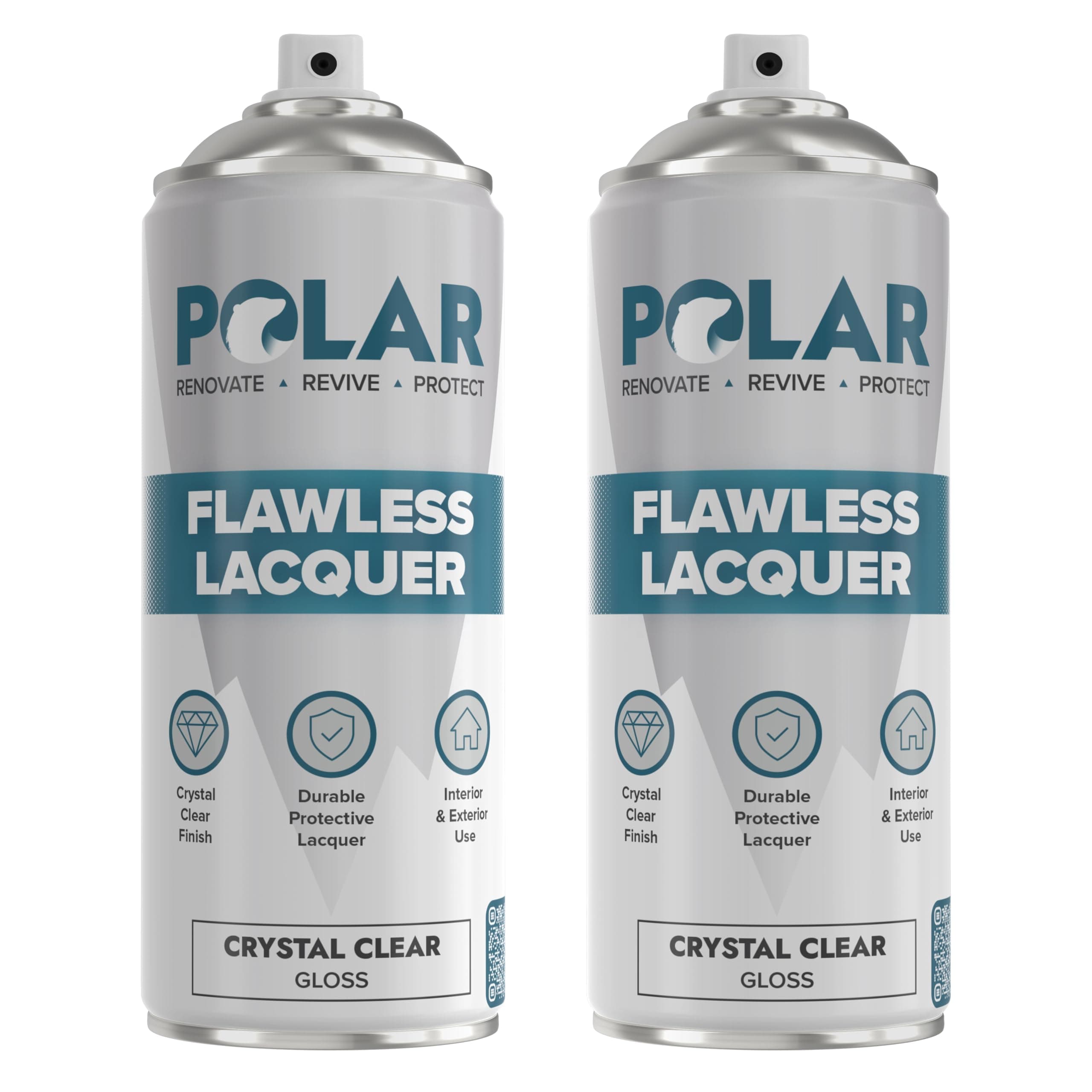 Polar Clear Gloss Flawless Lacquer Spray - 2 x 13.5fl. oz - Clear Coat Spray Paint - Non-Yellowing & Scratch Resistant - Interior & Exterior Surfaces for Wood, Metal, Plastics, Glass & Ceramics