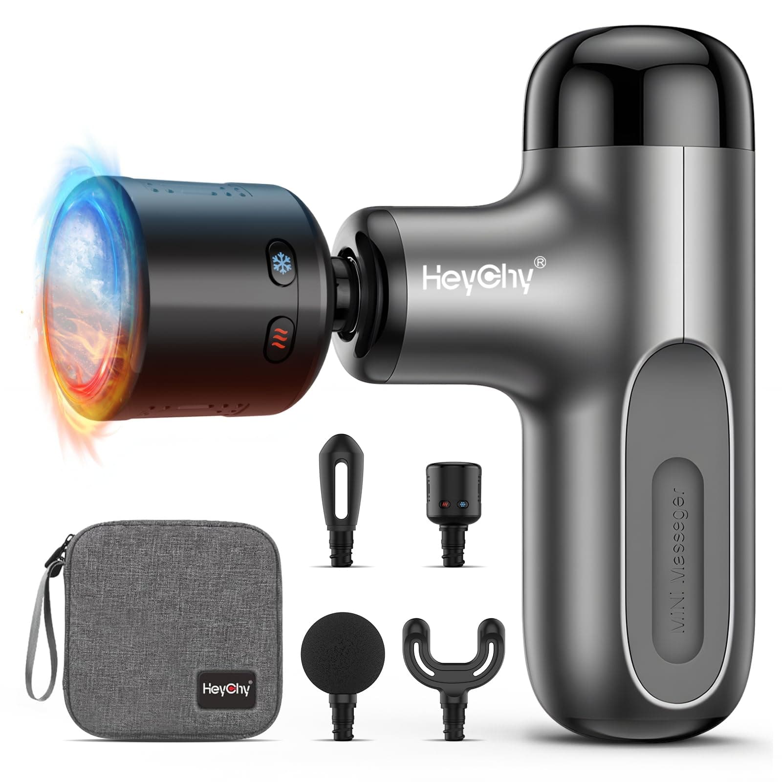 - HEYCHY Mini Massage Gun with Heat and Cold, Deep Tissue Massage Gun, Portable Percussion Muscle Massager with 4 Massage Heads for Athletes