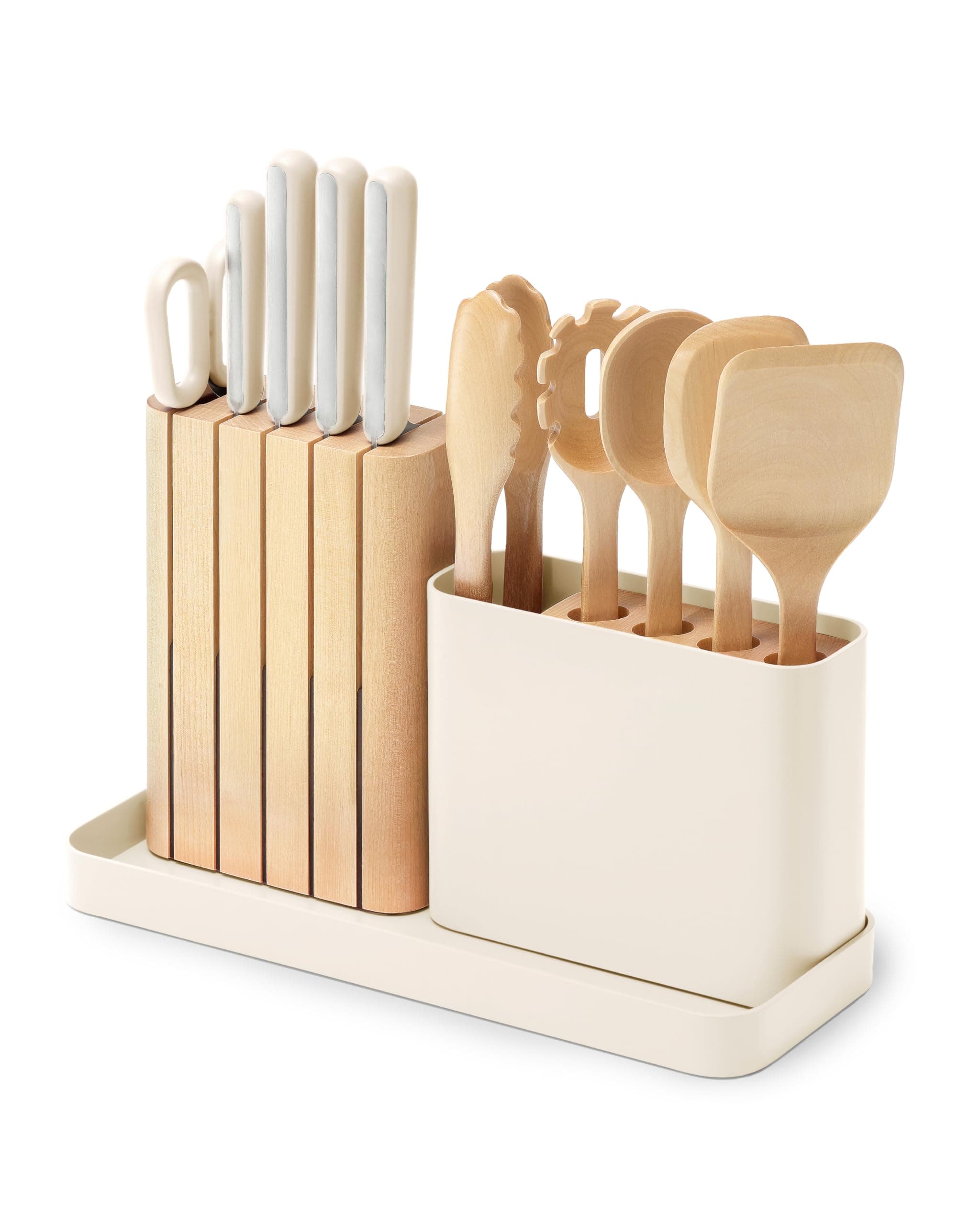 14-Piece Kitchen Prep Set - Kitchen Knife Set & Wooden Utensil Set - Made with Premium German Steel Blades & FSC-Certified Birch Wood - Non-Toxic Materials - Includes Organizer - Cream
