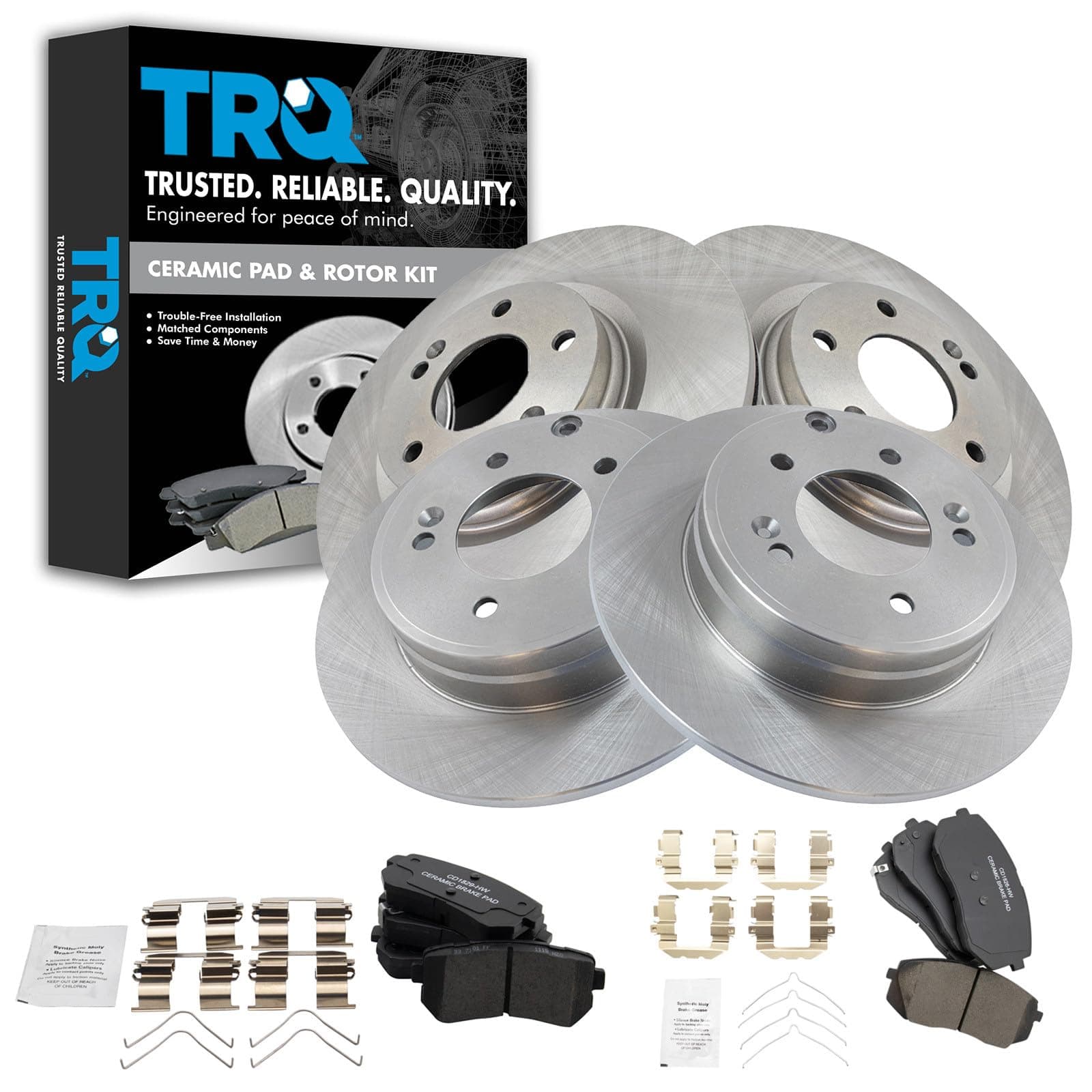 TRQ Front and Rear Brake Pad and Rotor Set Ceramic Vented Solid Rotors Compatible with 2016-2019 Hyundai Sonata 2016-2018 Kia Optima
