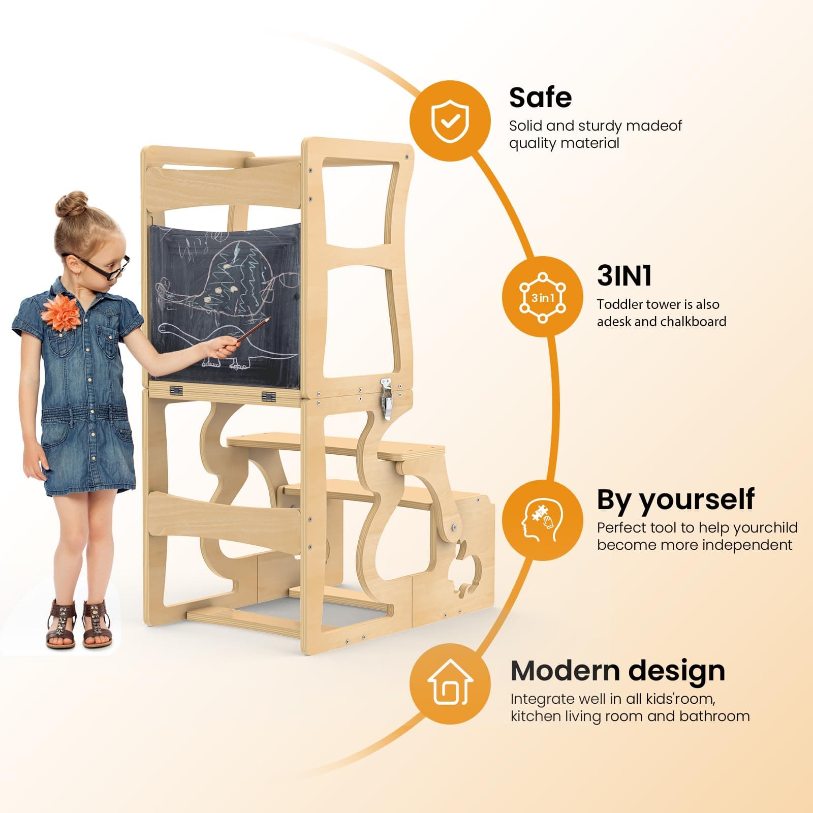 DGD Toddler Tower, Kitchen Stool Helper for Toddlers, Learning Wooden Tower with Chalkboard and Backrest, 3 in 1 Kitchen Standing Tower, Foldable Weaning Table with Safety Rail, Step Stool Montessori