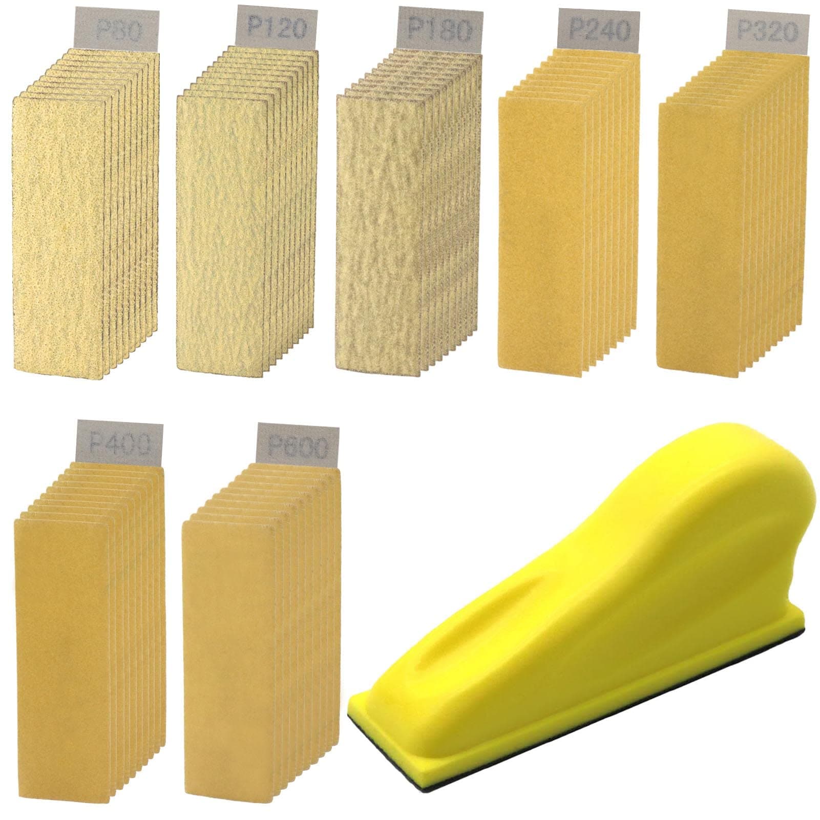 70 Sheets Micro Detail Sander Paper Kit, 3.5”x 1”Hand Sanding Block for Small Projects Wet Dry Hook & Loop Alumina 80 to 600 Grit Sandpaper for Crafts Wood,Tight Narrow Spaces Metal Finishing