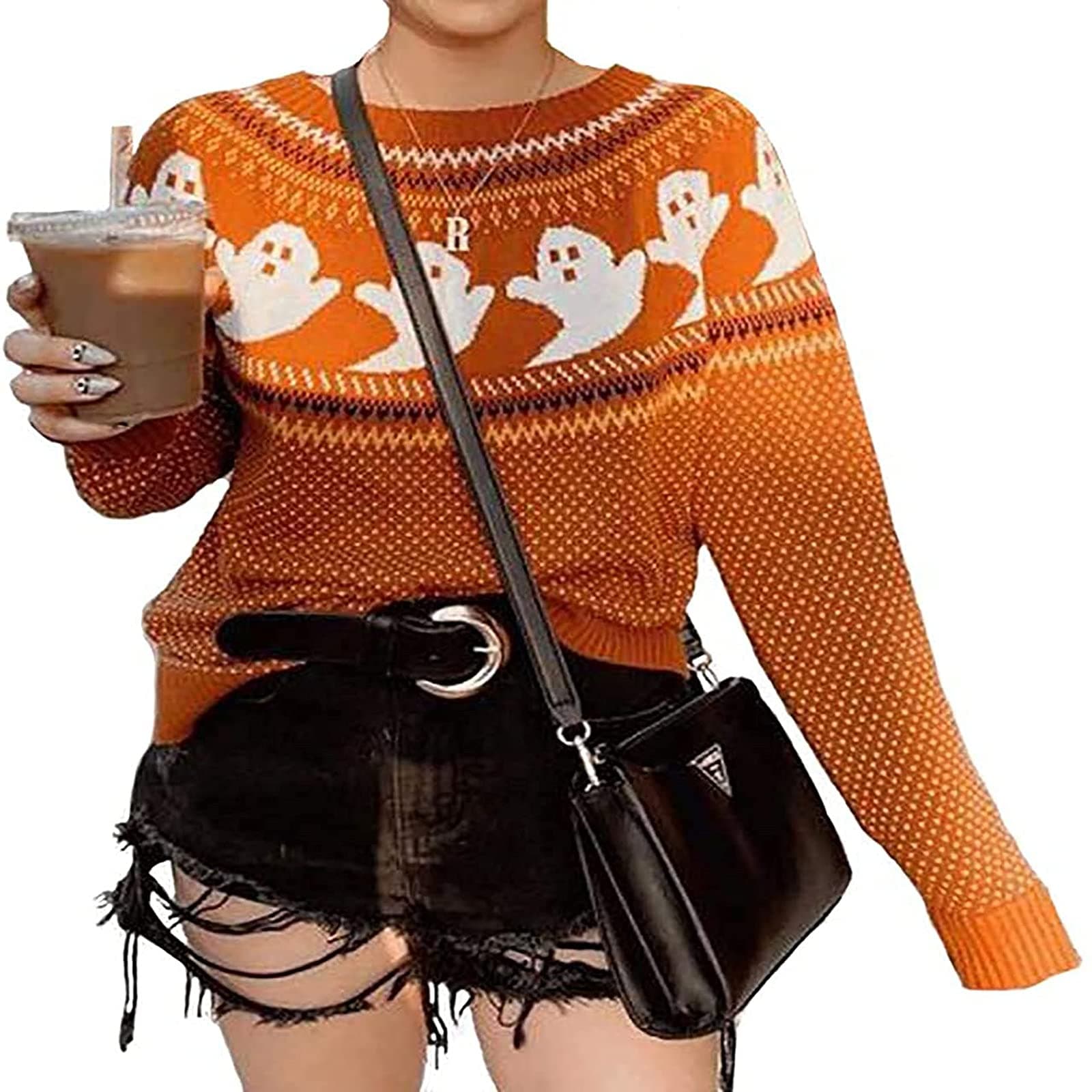 Halloween Knitted Sweater for Women with Cute Ghost Pattern Gothic Streetwear with Long Sleeves