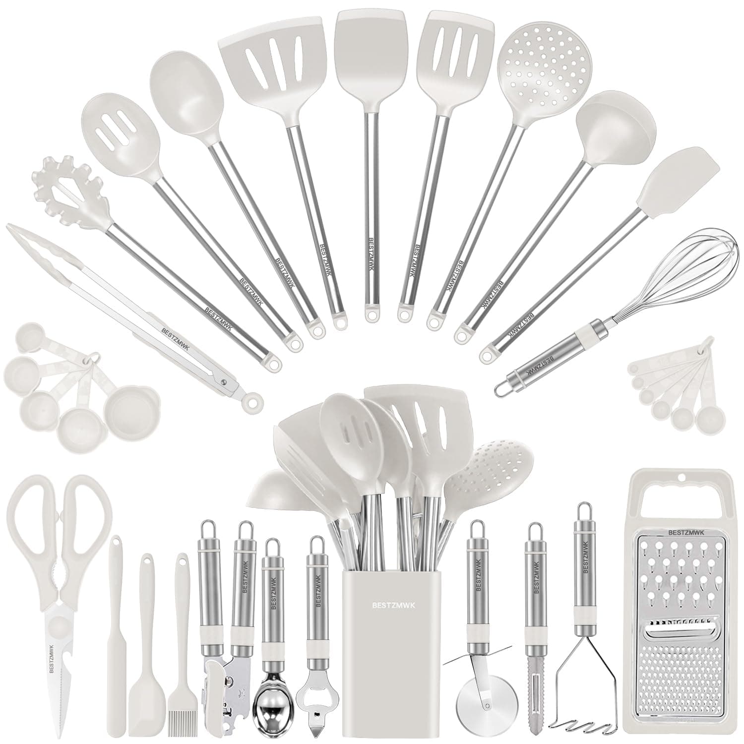 Kitchen Utensil Set-Silicone Cooking Utensils-33 Kitchen Gadgets & Spoons for Nonstick Cookware-Silicone and Stainless Steel Spatula Set-Best Kitchen Tools, Useful Pots (Cream White)