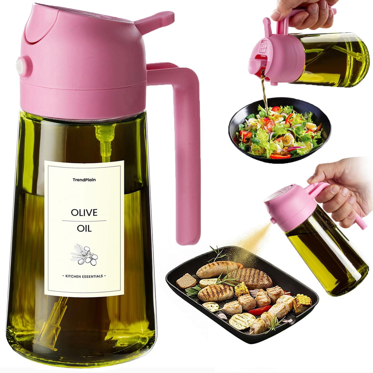 TrendPlain - Original 16oz/470ml Olive Oil Dispenser Bottle for Kitchen Gadgets and Air Fryer Accessories - Olive Oil Sprayer for Cooking w/Stickers - Bubblegum